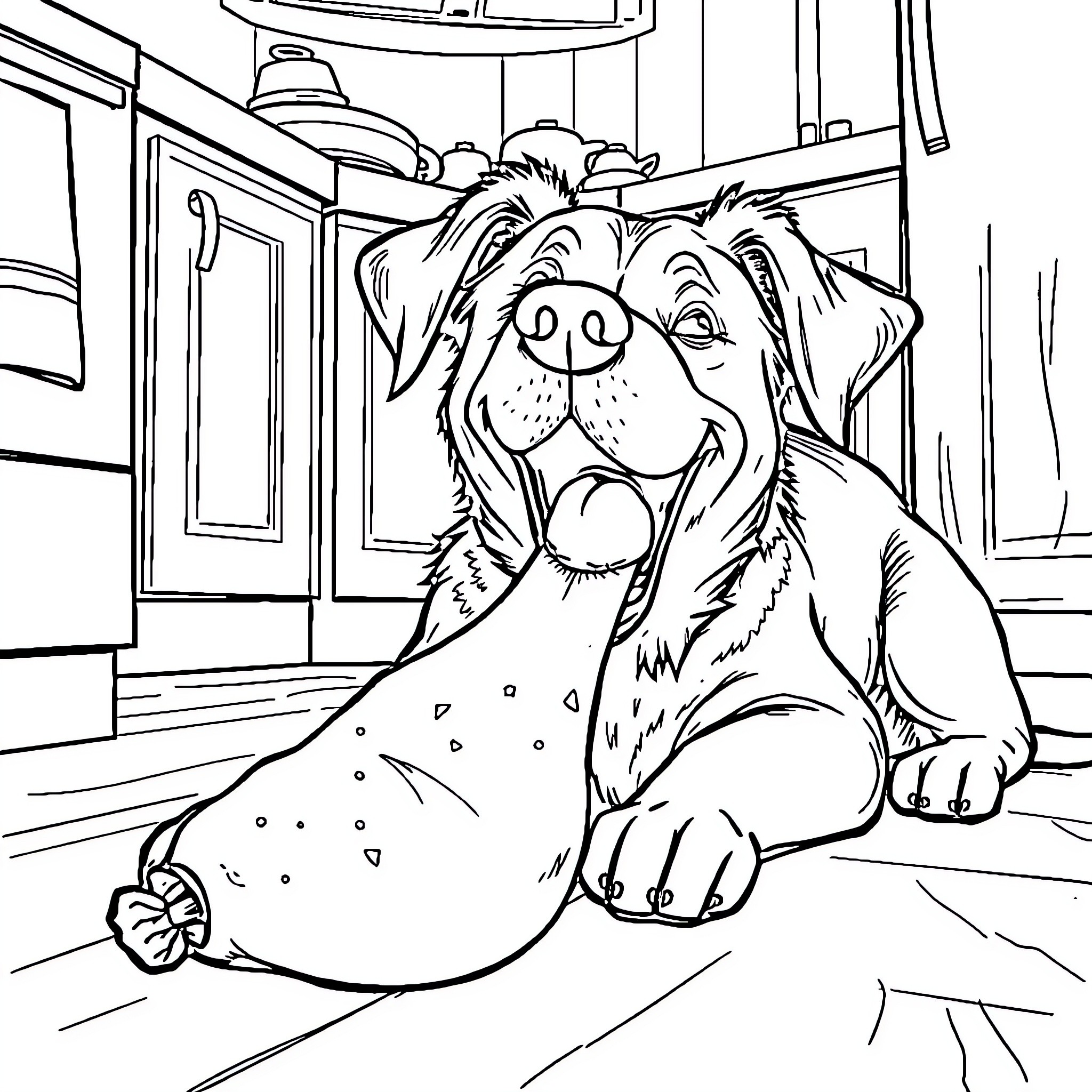 Dog happily relaxing at home Coloring Page (free black-and-white line drawing printable PDF for all, from beginners to advanced learners, including children, teens, adults, and seniors)
