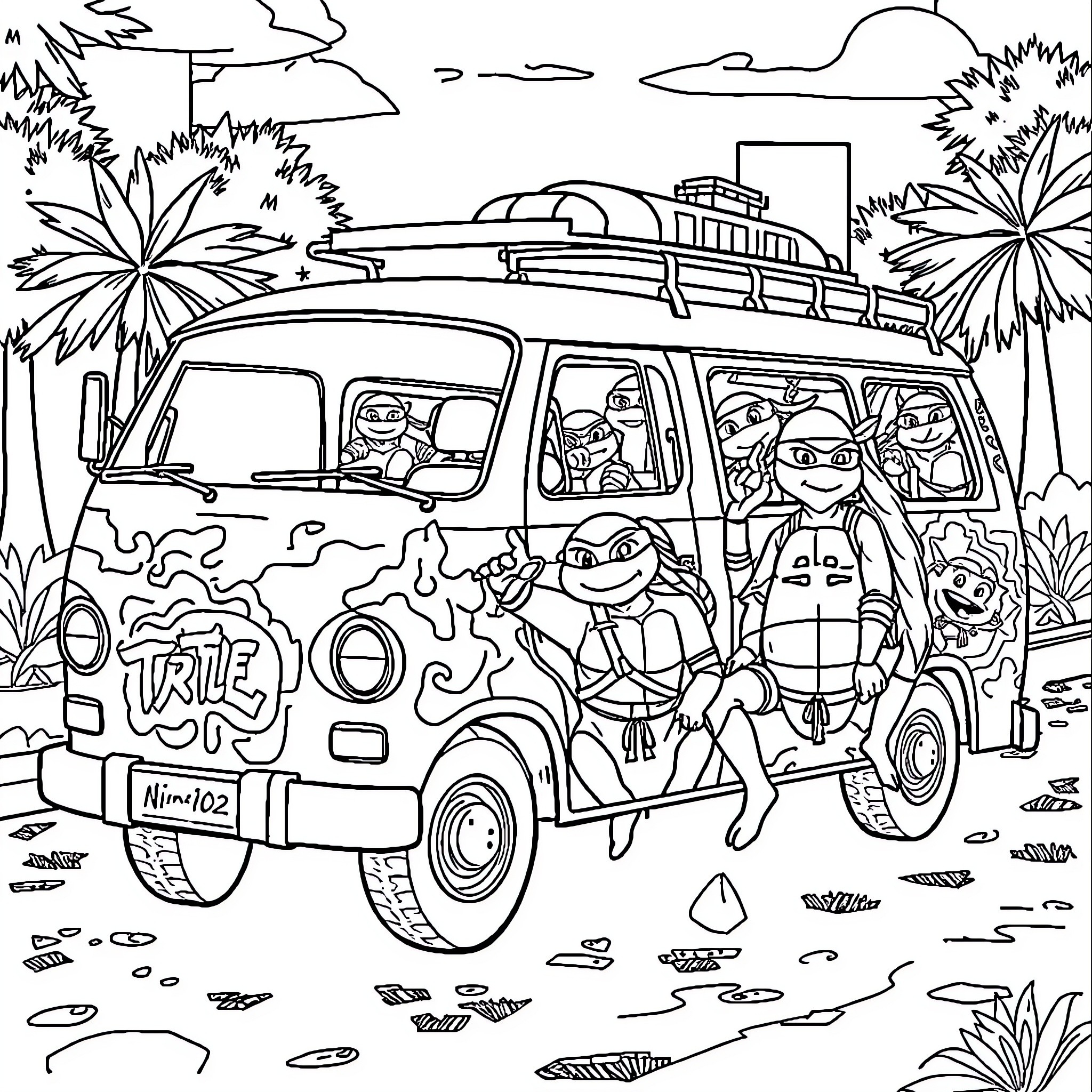 Ninja Turtle Turtles on a Tropical Adventure Coloring Page (free black-and-white line drawing printable PDF for all, from beginners to advanced learners, including children, teens, adults, and seniors)
