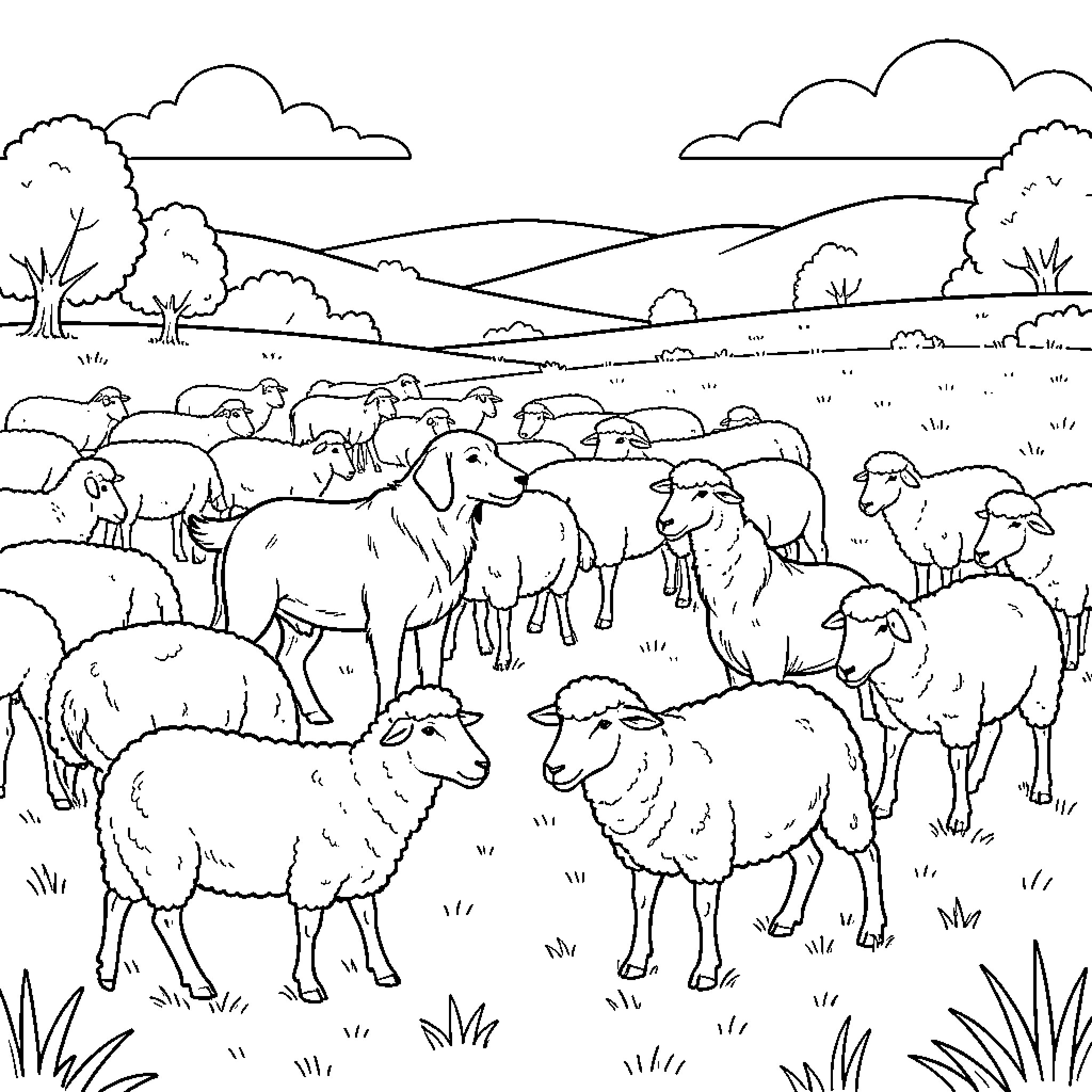 Sheepdog watching over a large flock of sheep Coloring Page (free black-and-white line drawing printable PDF for all, from beginners to advanced learners, including children, teens, adults, and seniors)
