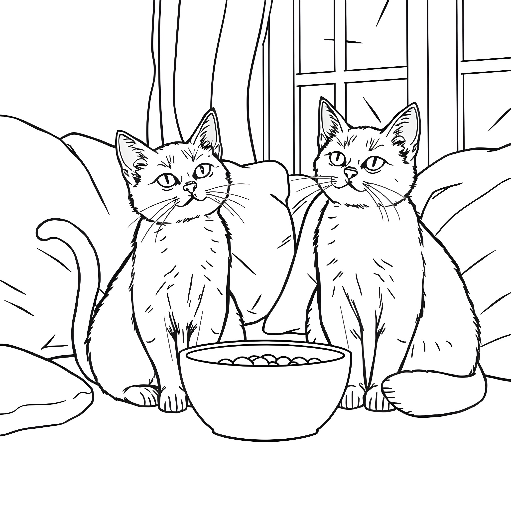 Cats enjoying treats together in cozy home Coloring Page (free black-and-white line drawing printable PDF for all, from beginners to advanced learners, including children, teens, adults, and seniors)