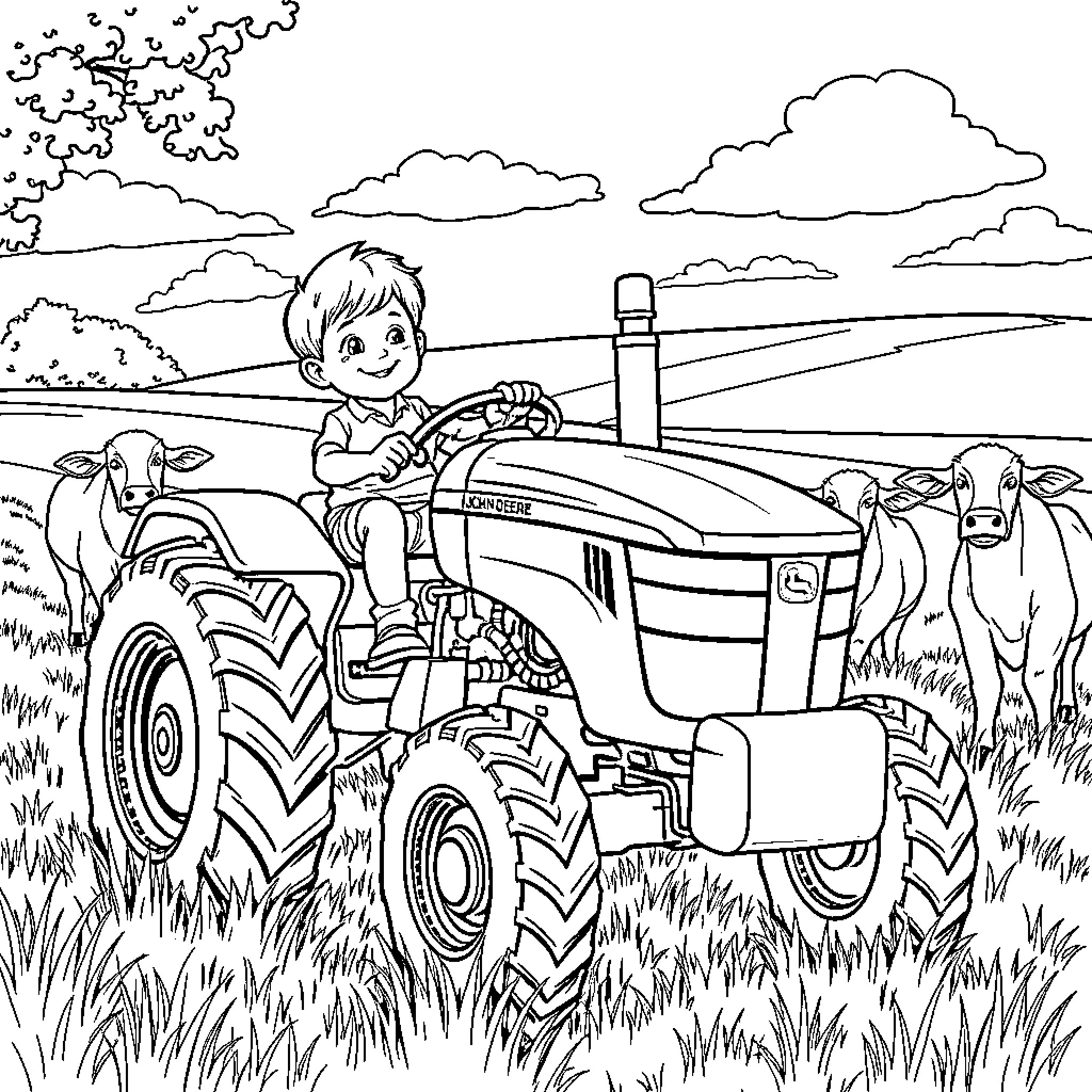 Boy driving tractor through pastoral landscape Coloring Page (free black-and-white line drawing printable PDF for all, from beginners to advanced learners, including children, teens, adults, and seniors)