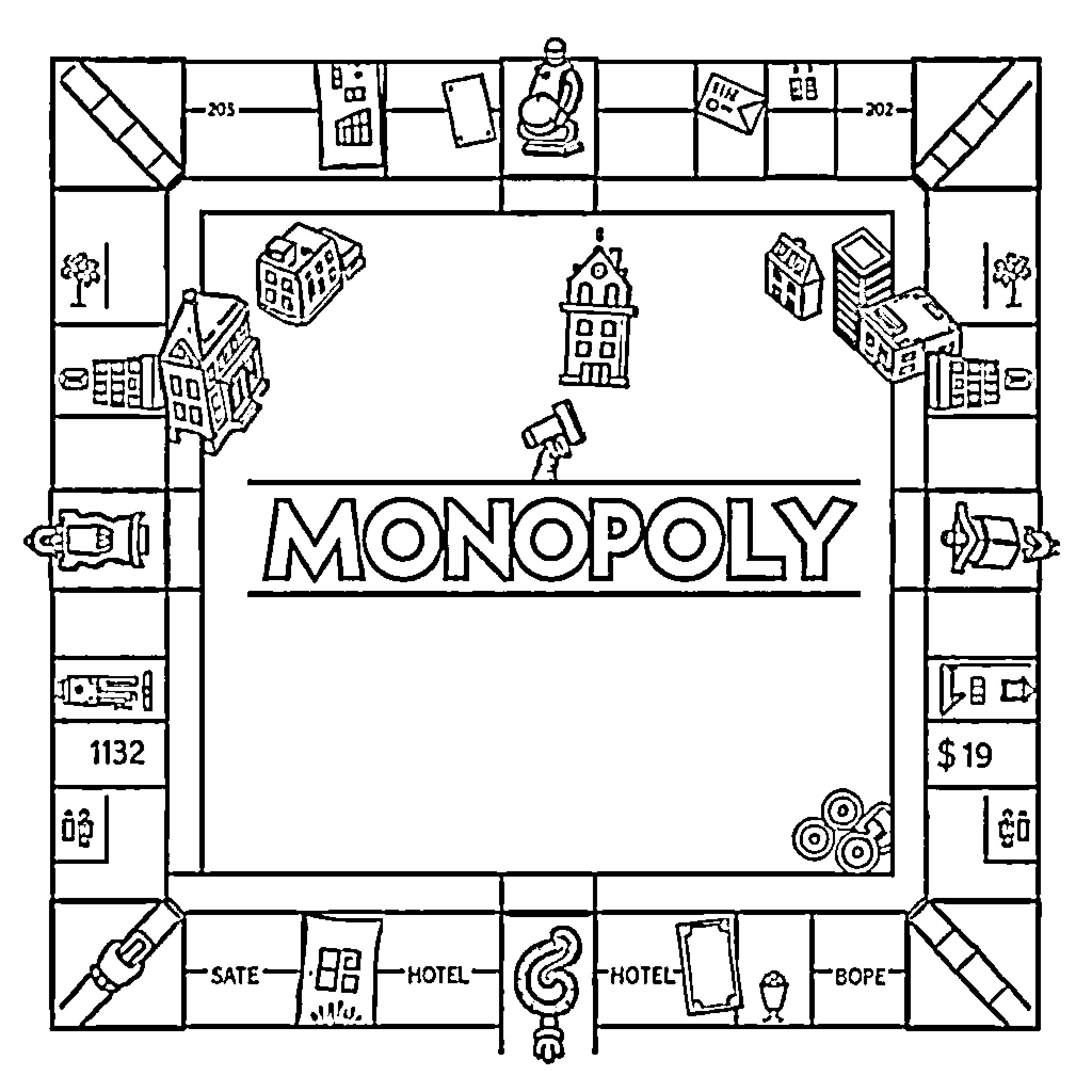 Monopoly Game Board with Iconic Symbols Coloring Page (free black-and-white line drawing printable PDF for all, from beginners to advanced learners, including children, teens, adults, and seniors)