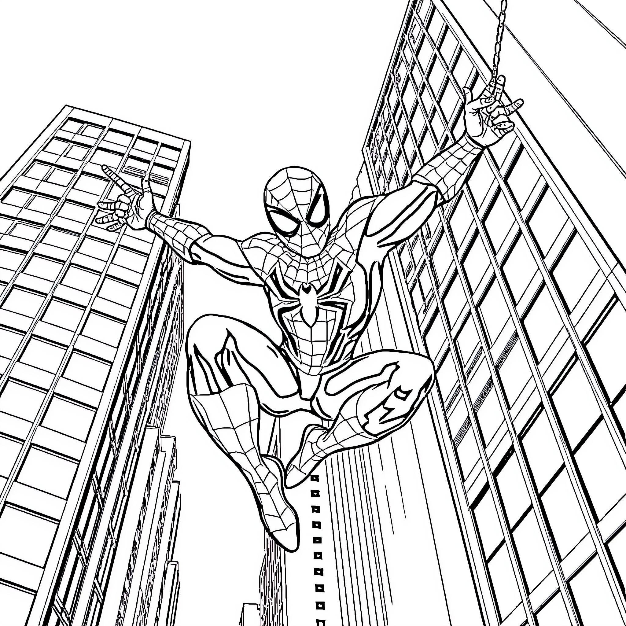 Spider-Man swinging through the city skyline Coloring Page (free black-and-white line drawing printable PDF for all, from beginners to advanced learners, including children, teens, adults, and seniors)