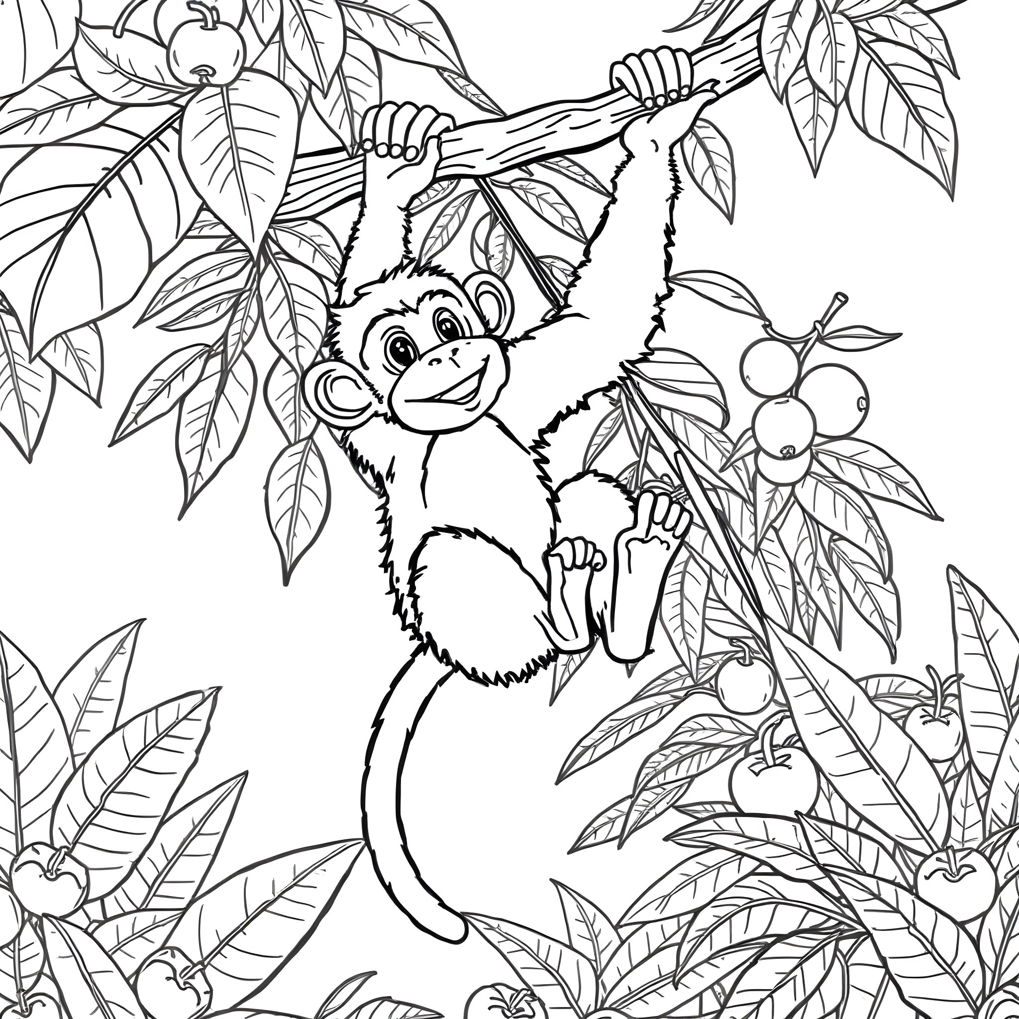 Monkey swinging through the jungle foliage Coloring Page (free black-and-white line drawing printable PDF for all, from beginners to advanced learners, including children, teens, adults, and seniors)