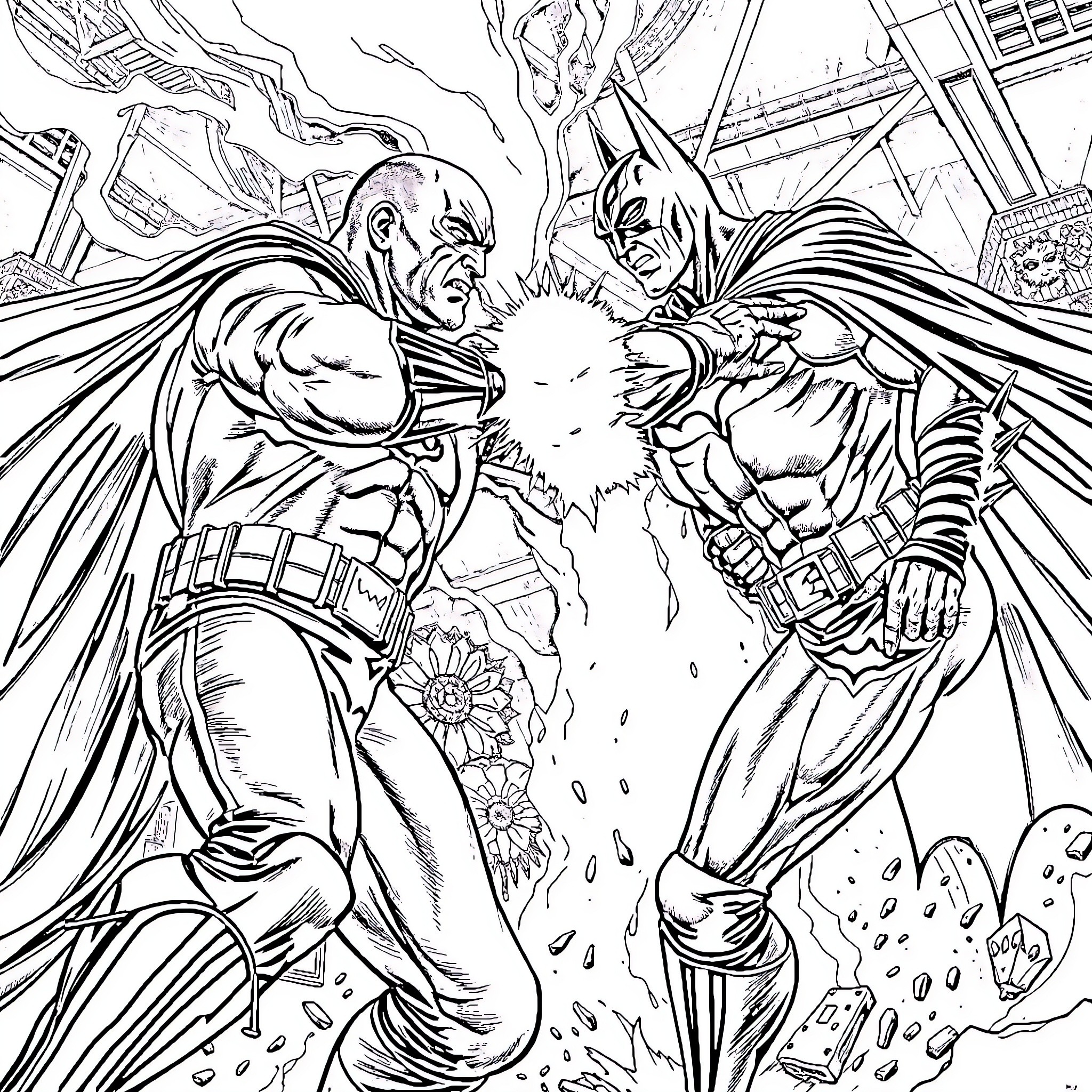 Stone Cold Steve Austin in an intense battle with Batman Coloring Page (free black-and-white line drawing printable PDF for all, from beginners to advanced learners, including children, teens, adults, and seniors)