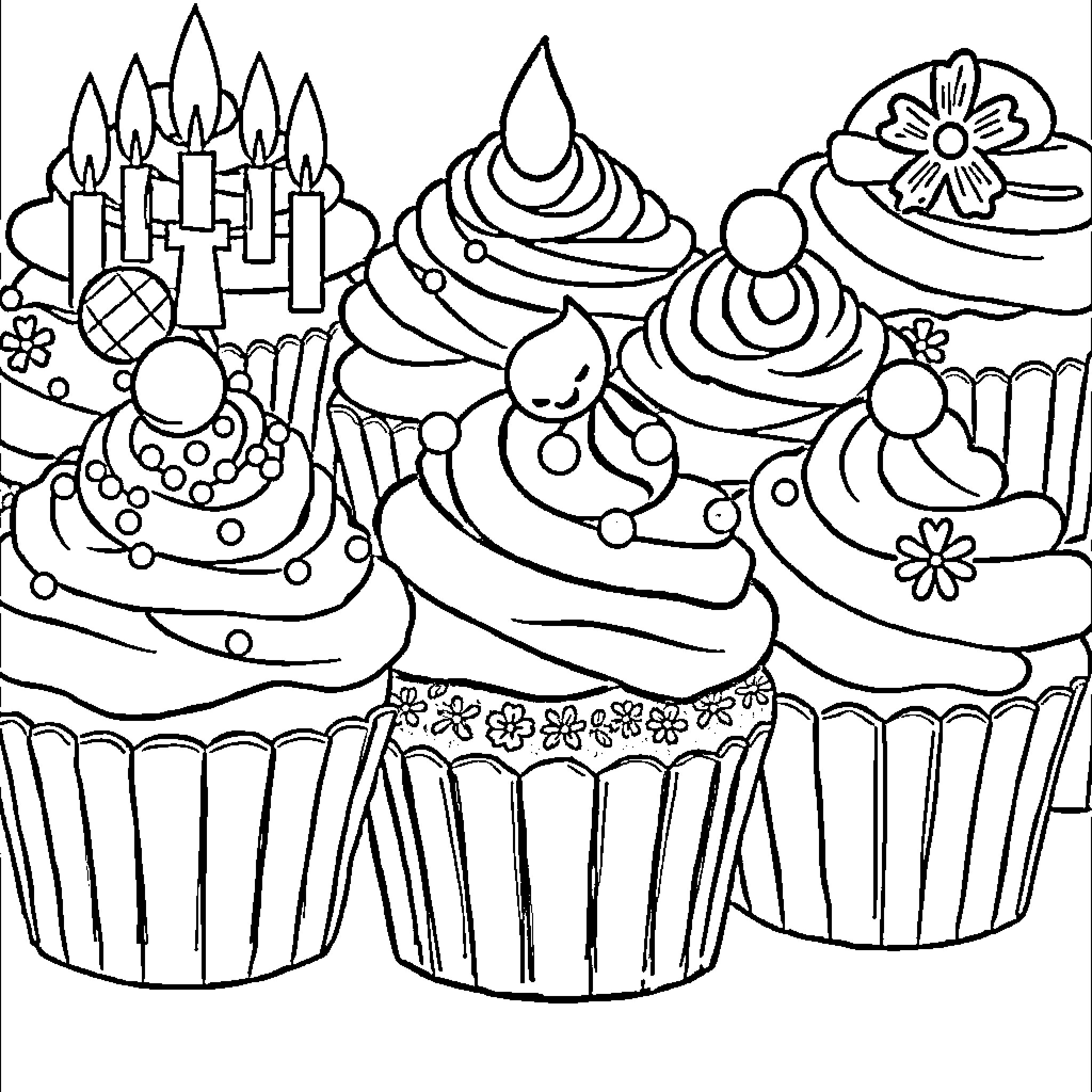 Cupcakes with Whimsical Designs and Decorations Coloring Page (free black-and-white line drawing printable PDF for all, from beginners to advanced learners, including children, teens, adults, and seniors)