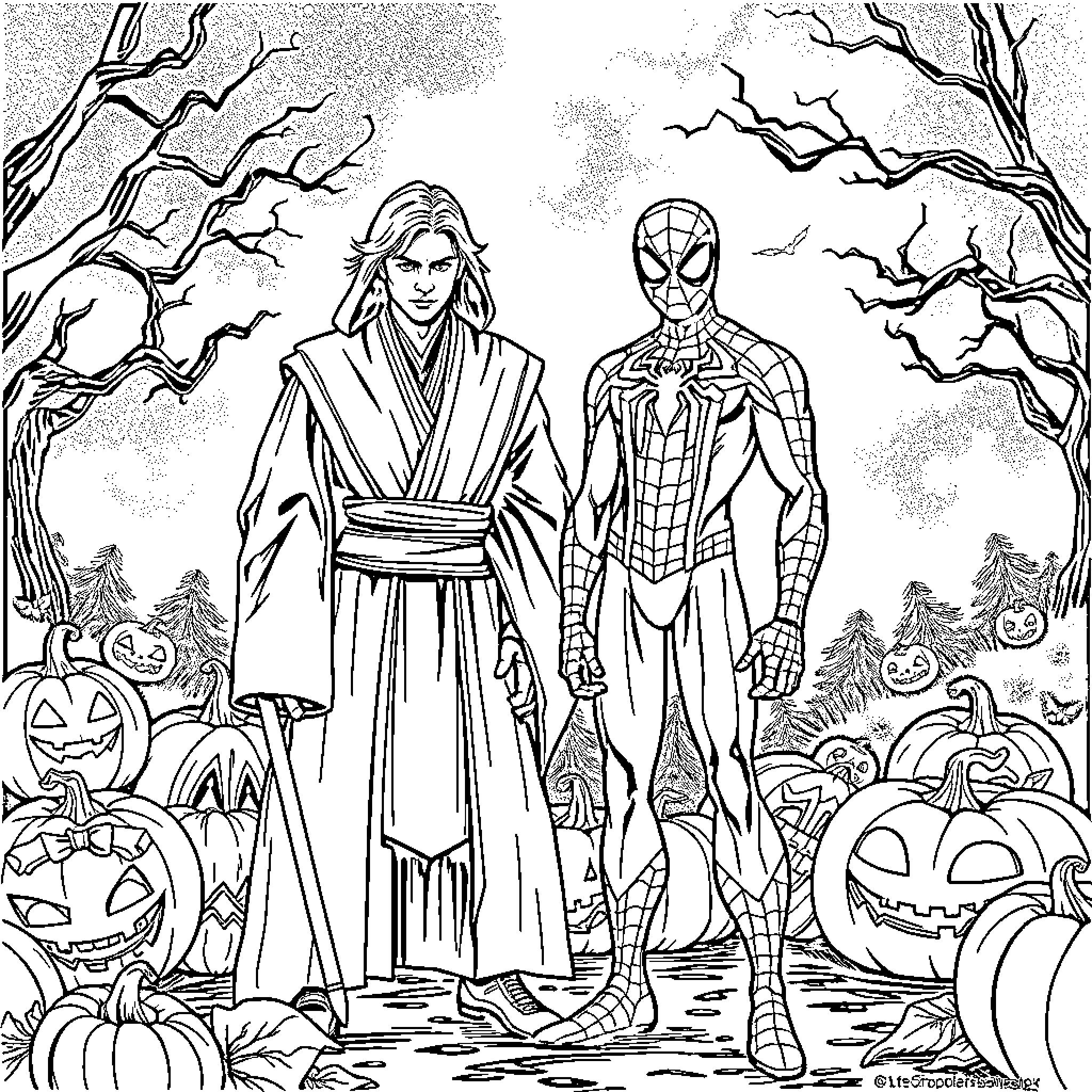 Anakin Skywalker and Spider-Man in Spooky Halloween Scene Coloring Page (free black-and-white line drawing printable PDF for all, from beginners to advanced learners, including children, teens, adults, and seniors)