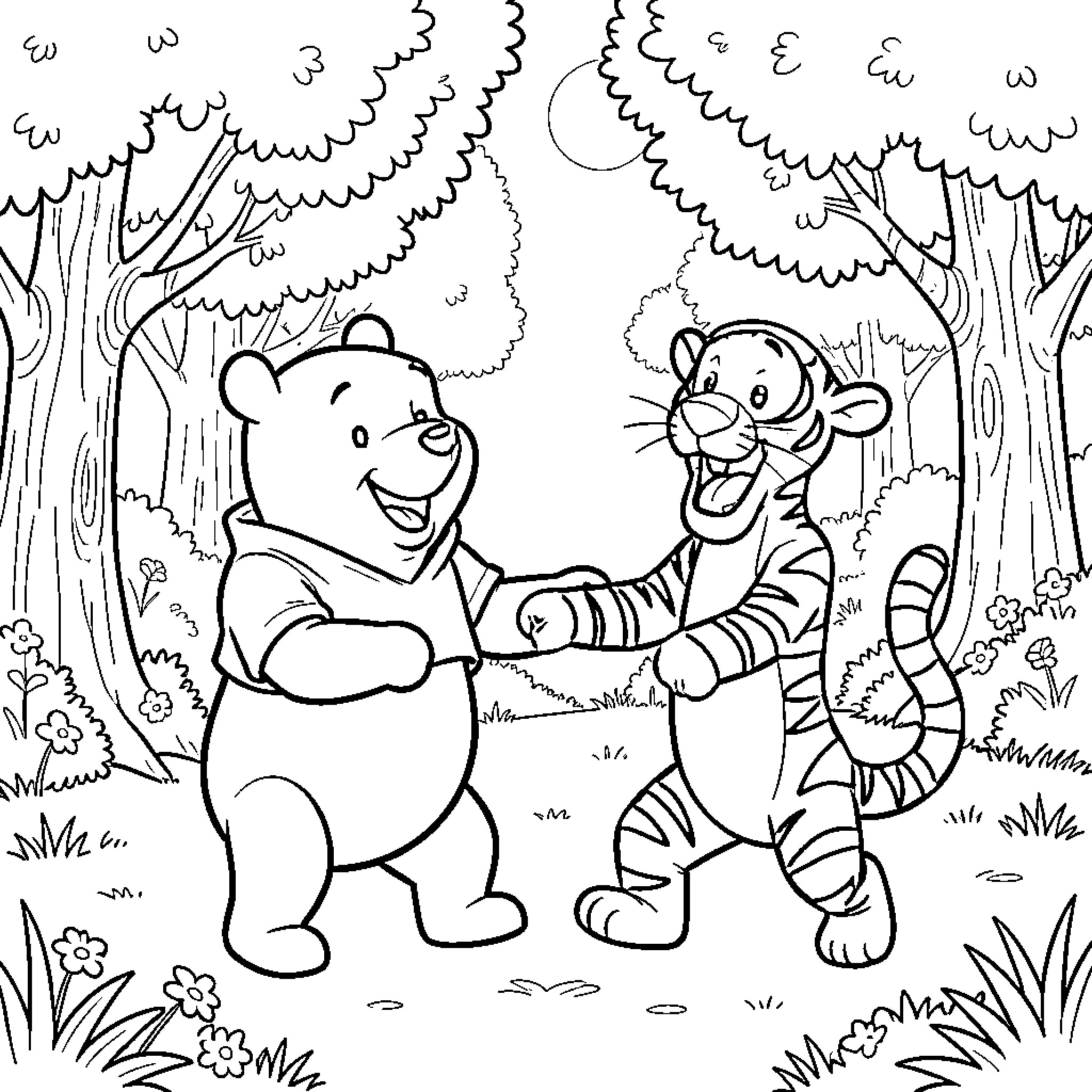 Winnie The Pooh and Tigger high fiving in the woods Coloring Page (free black-and-white line drawing printable PDF for all, from beginners to advanced learners, including children, teens, adults, and seniors)