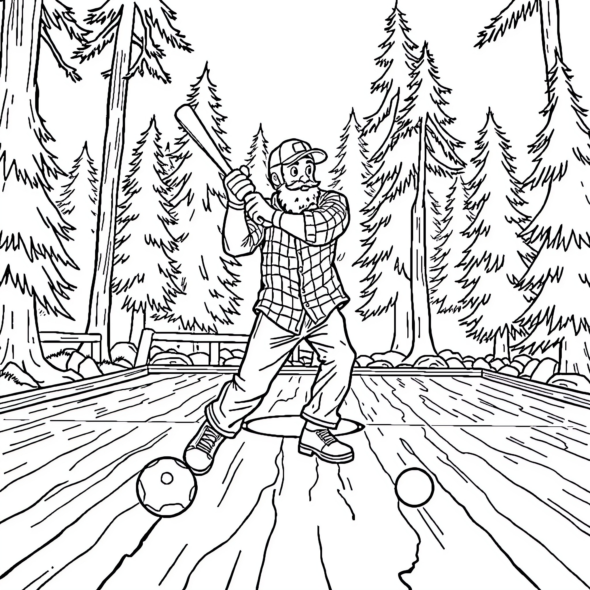 Lumberjack swinging axe in forest scene Coloring Page (free black-and-white line drawing printable PDF for all, from beginners to advanced learners, including children, teens, adults, and seniors)