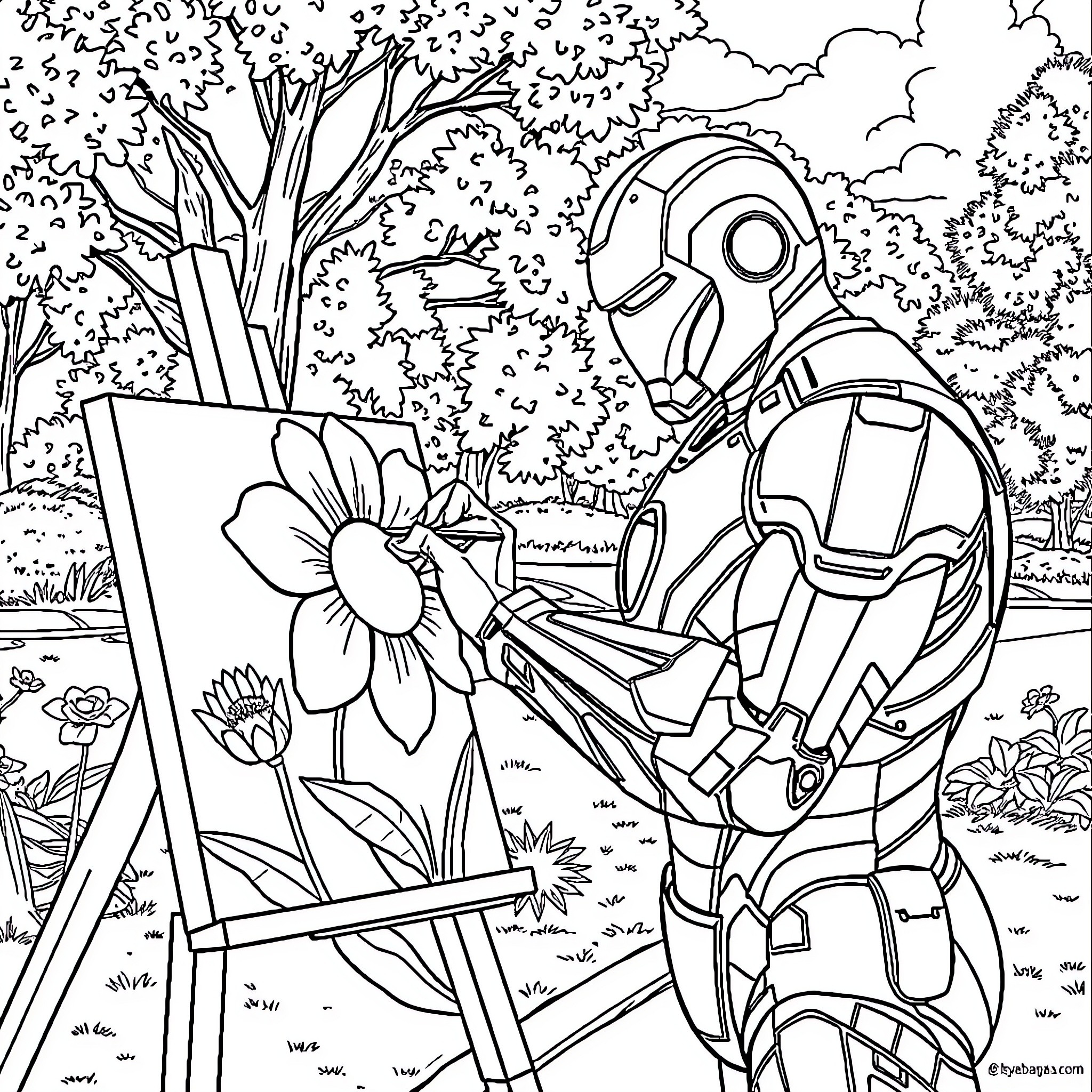 Iron Man Painting a Floral Landscape Coloring Page (free black-and-white line drawing printable PDF for all, from beginners to advanced learners, including children, teens, adults, and seniors)
