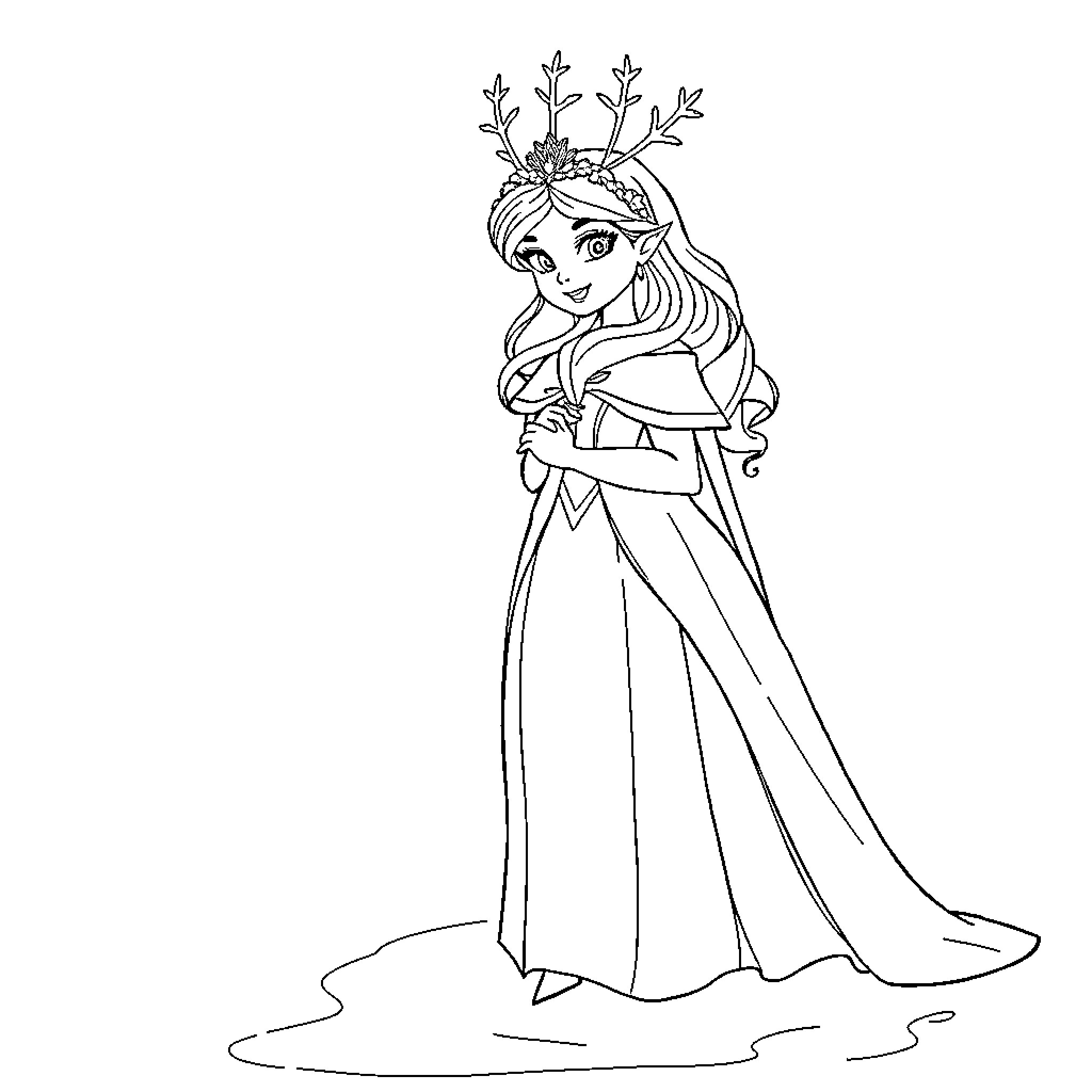 Snow Queen in Elegant Attire with Floral Crown Coloring Page (free black-and-white line drawing printable PDF for all, from beginners to advanced learners, including children, teens, adults, and seniors)