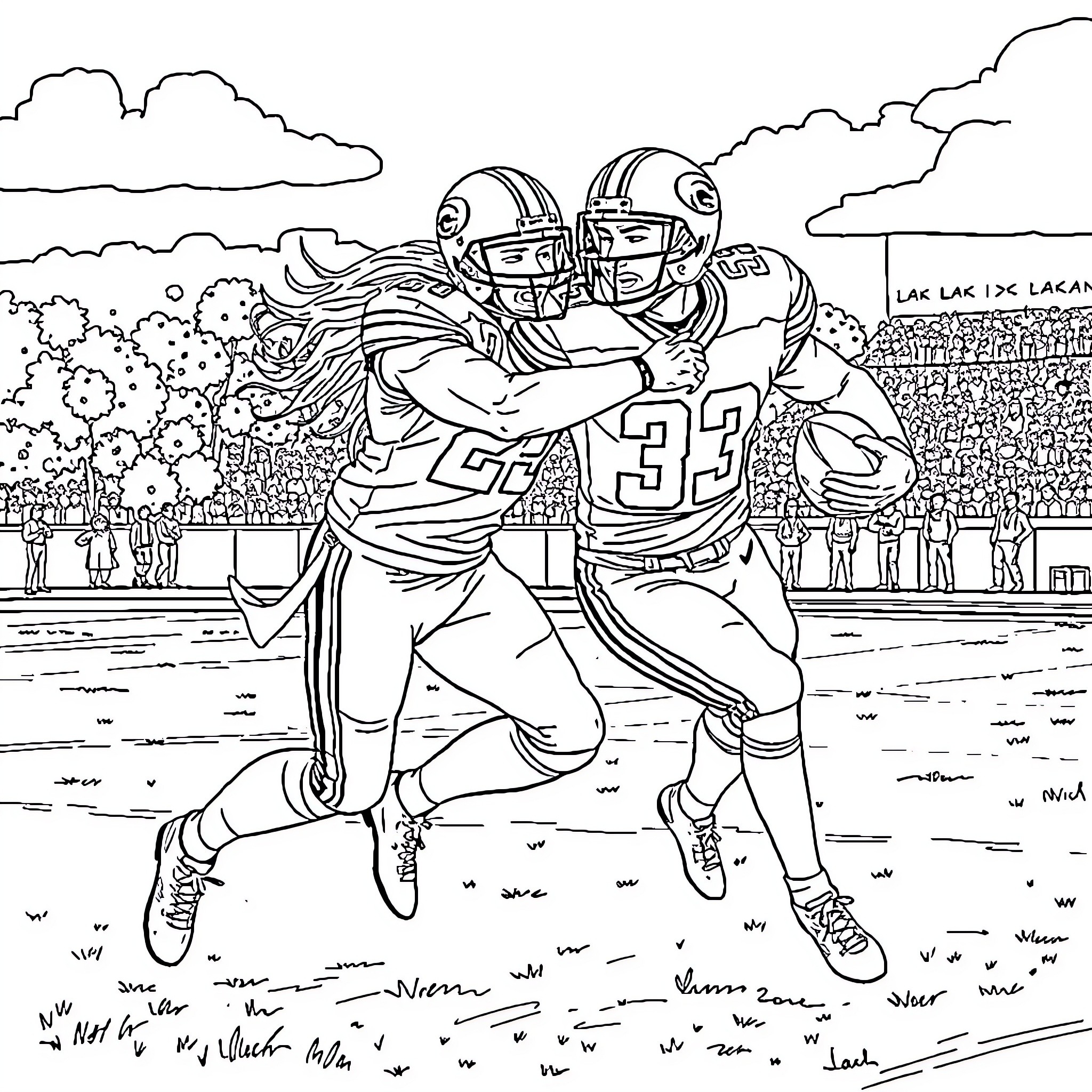 Kate Upton football players in action on the field Coloring Page (free black-and-white line drawing printable PDF for all, from beginners to advanced learners, including children, teens, adults, and seniors)