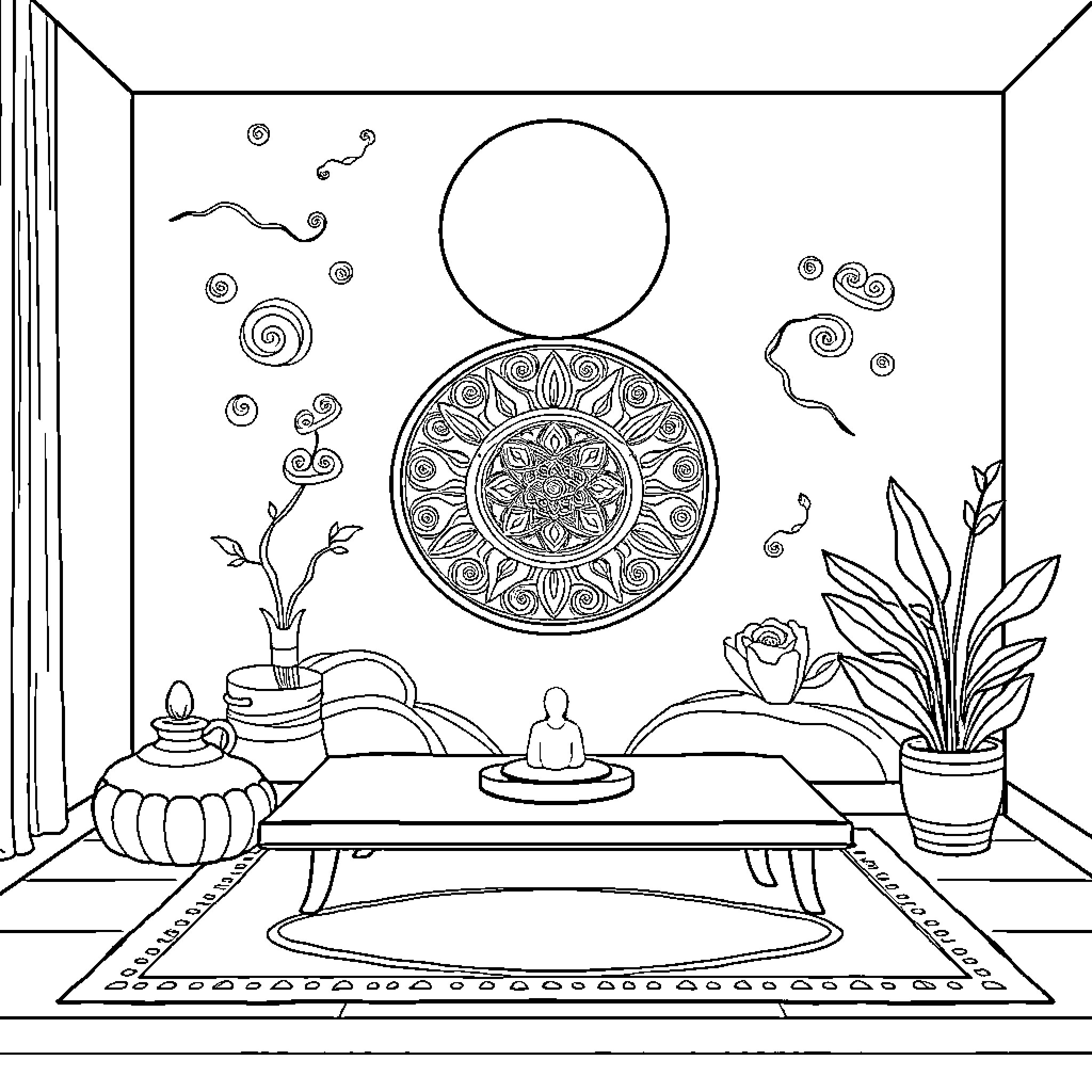 Zen Meditation Room with Mandala and Nature Coloring Page (free black-and-white line drawing printable PDF for all, from beginners to advanced learners, including children, teens, adults, and seniors)