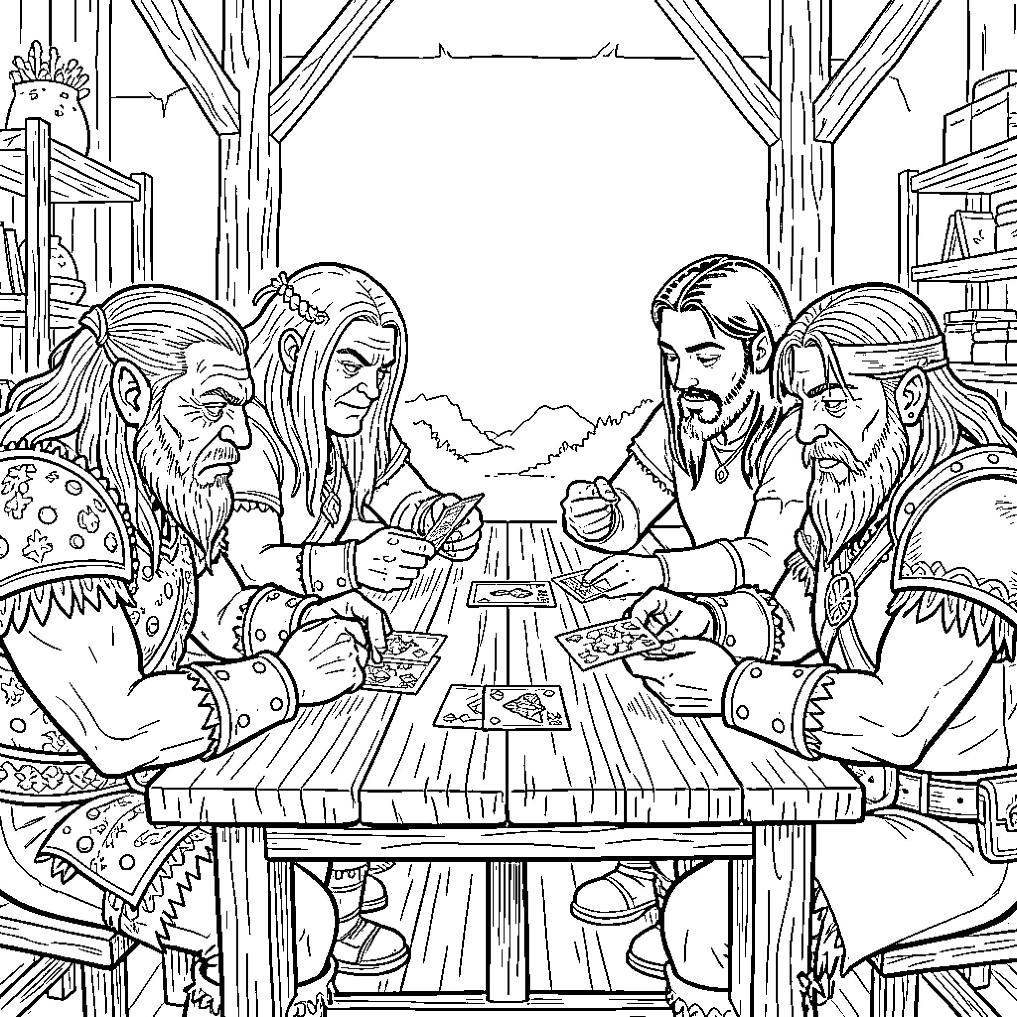 Orc warriors gathered for a strategic meeting Coloring Page (free black-and-white line drawing printable PDF for all, from beginners to advanced learners, including children, teens, adults, and seniors)