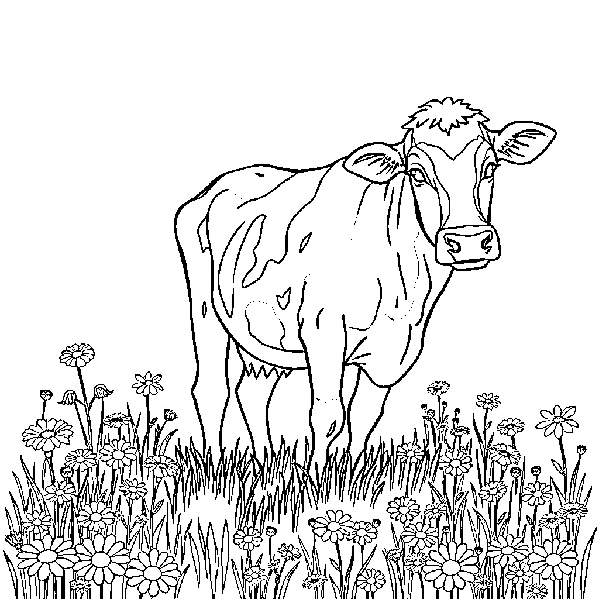 Cow standing amidst blooming flowers in meadow Coloring Page (free black-and-white line drawing printable PDF for all, from beginners to advanced learners, including children, teens, adults, and seniors)
