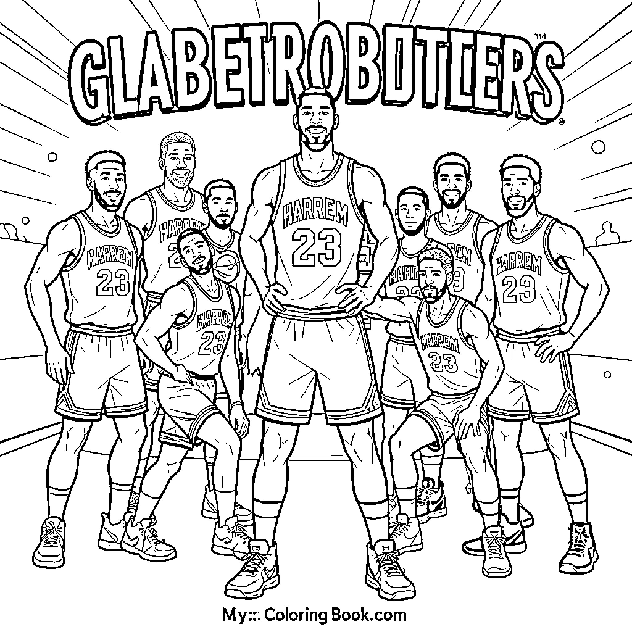 Harlem Globetrotters basketball team posing together in uniforms Coloring Page (free black-and-white line drawing printable PDF for all, from beginners to advanced learners, including children, teens, adults, and seniors)