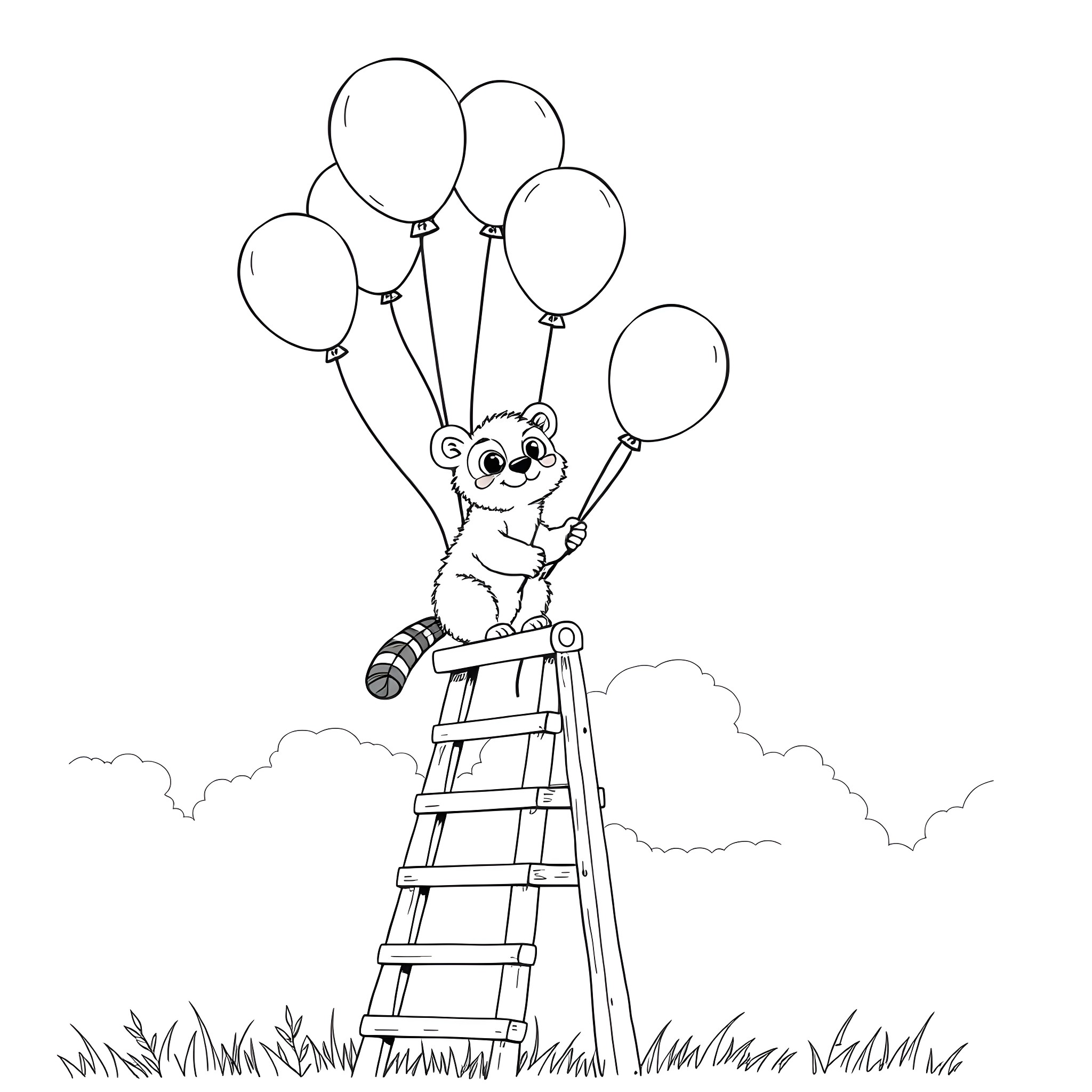 Maki the Raccoon Floating with Balloons Coloring Page (free black-and-white line drawing printable PDF for all, from beginners to advanced learners, including children, teens, adults, and seniors)