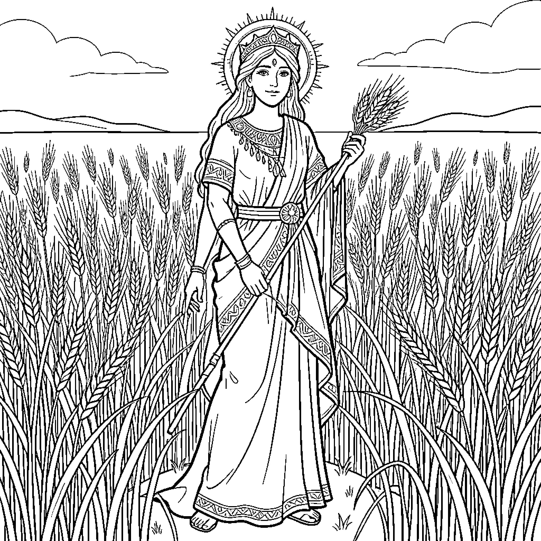 Demeter, the Goddess of the Harvest, stands amidst the wheat field Coloring Page (free black-and-white line drawing printable PDF for all, from beginners to advanced learners, including children, teens, adults, and seniors)