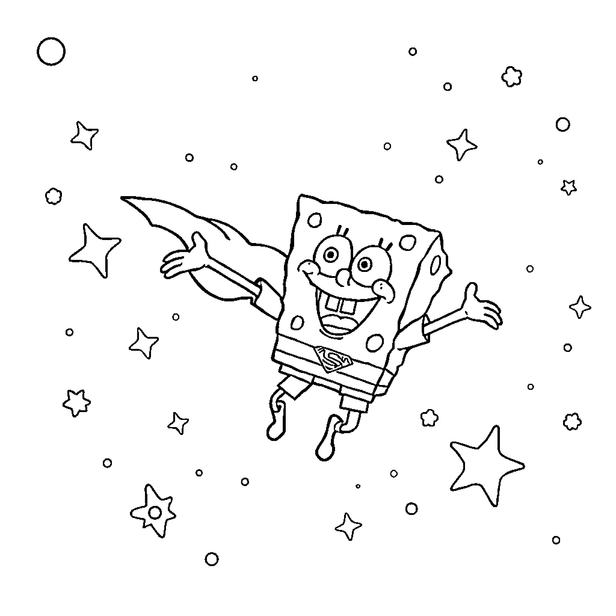 Spongebob flying through the starry night sky Coloring Page (free black-and-white line drawing printable PDF for all, from beginners to advanced learners, including children, teens, adults, and seniors)