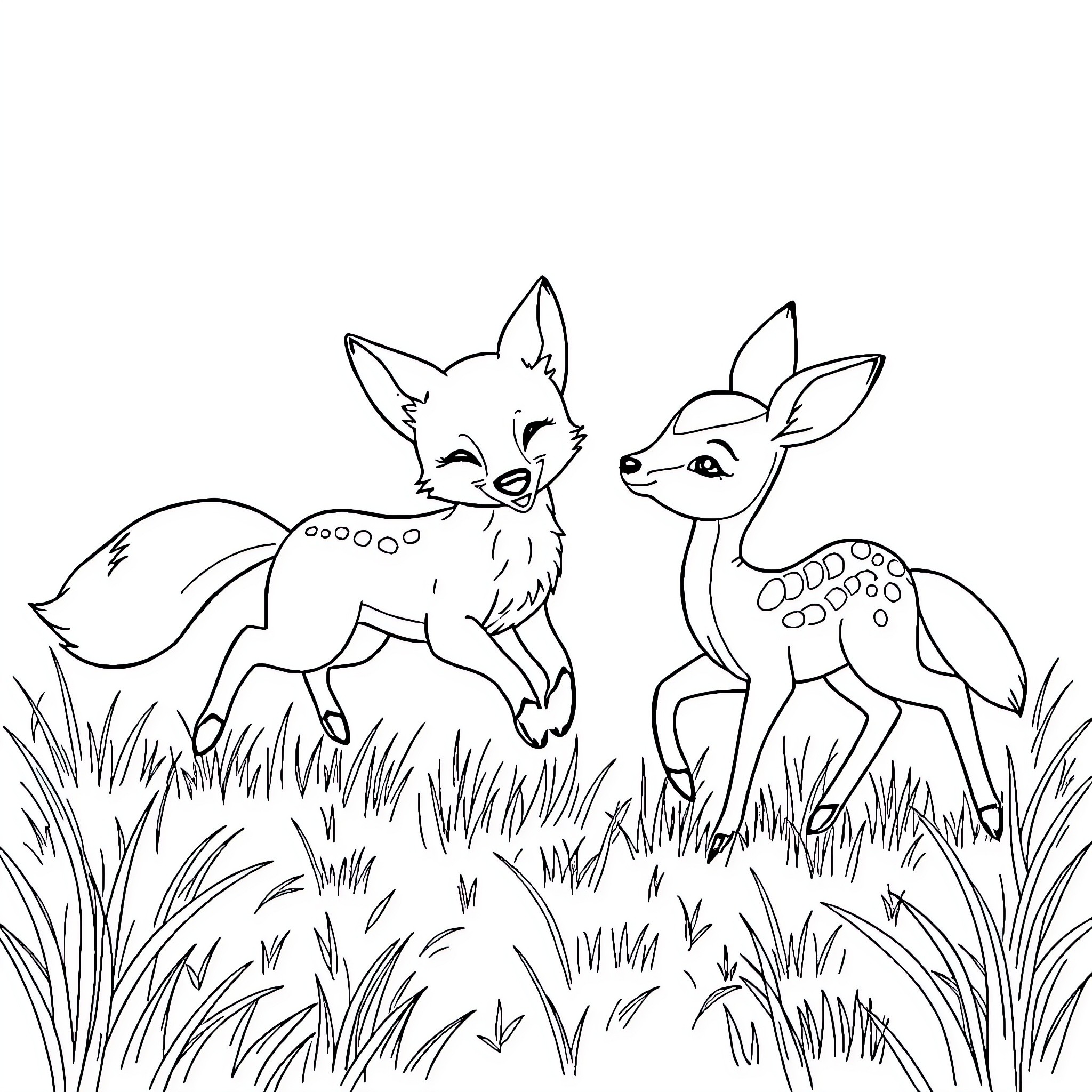 Fox and Fawn Exploring the Meadow Coloring Page (free black-and-white line drawing printable PDF for all, from beginners to advanced learners, including children, teens, adults, and seniors)
