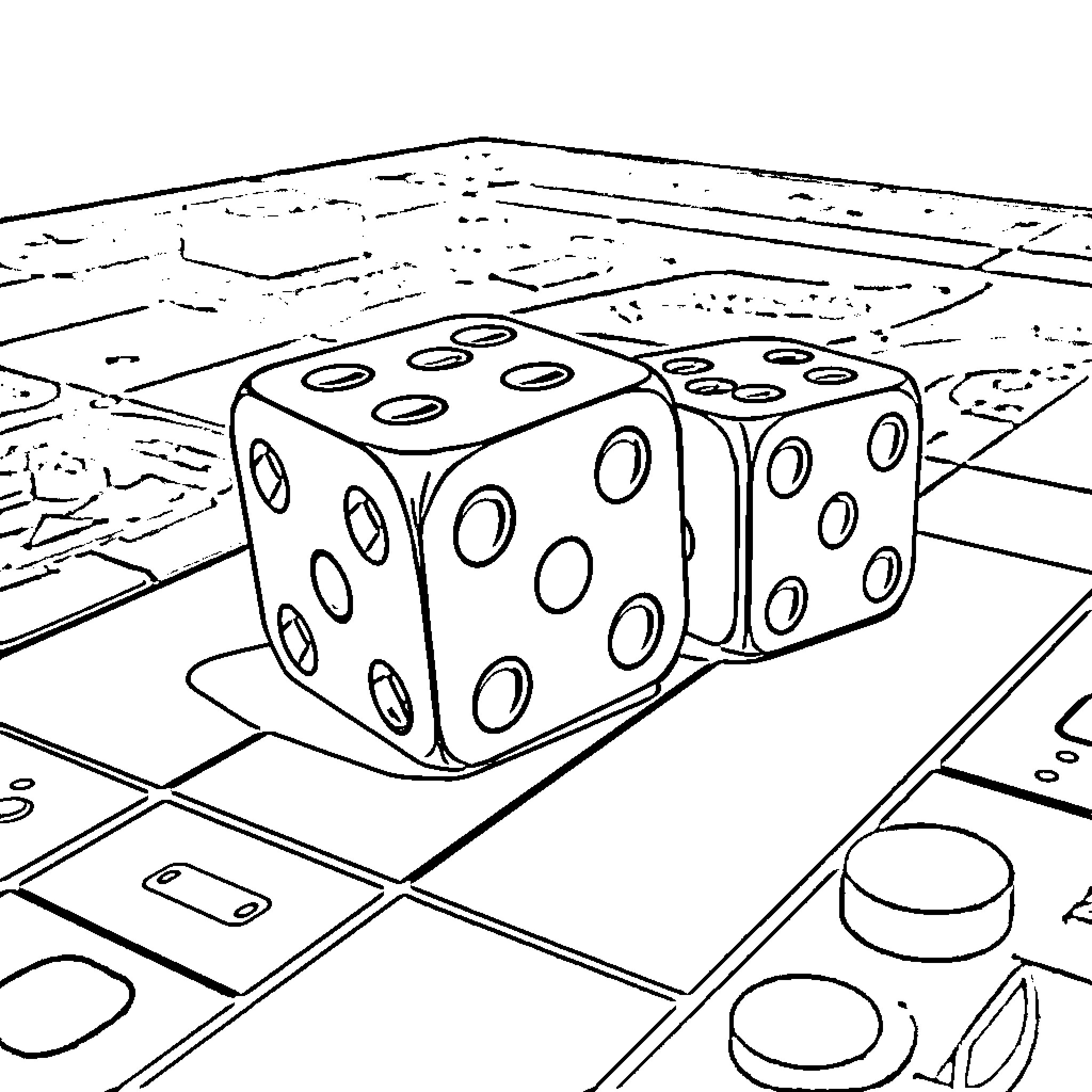 Dice rolling on game board Coloring Page (free black-and-white line drawing printable PDF for all, from beginners to advanced learners, including children, teens, adults, and seniors)