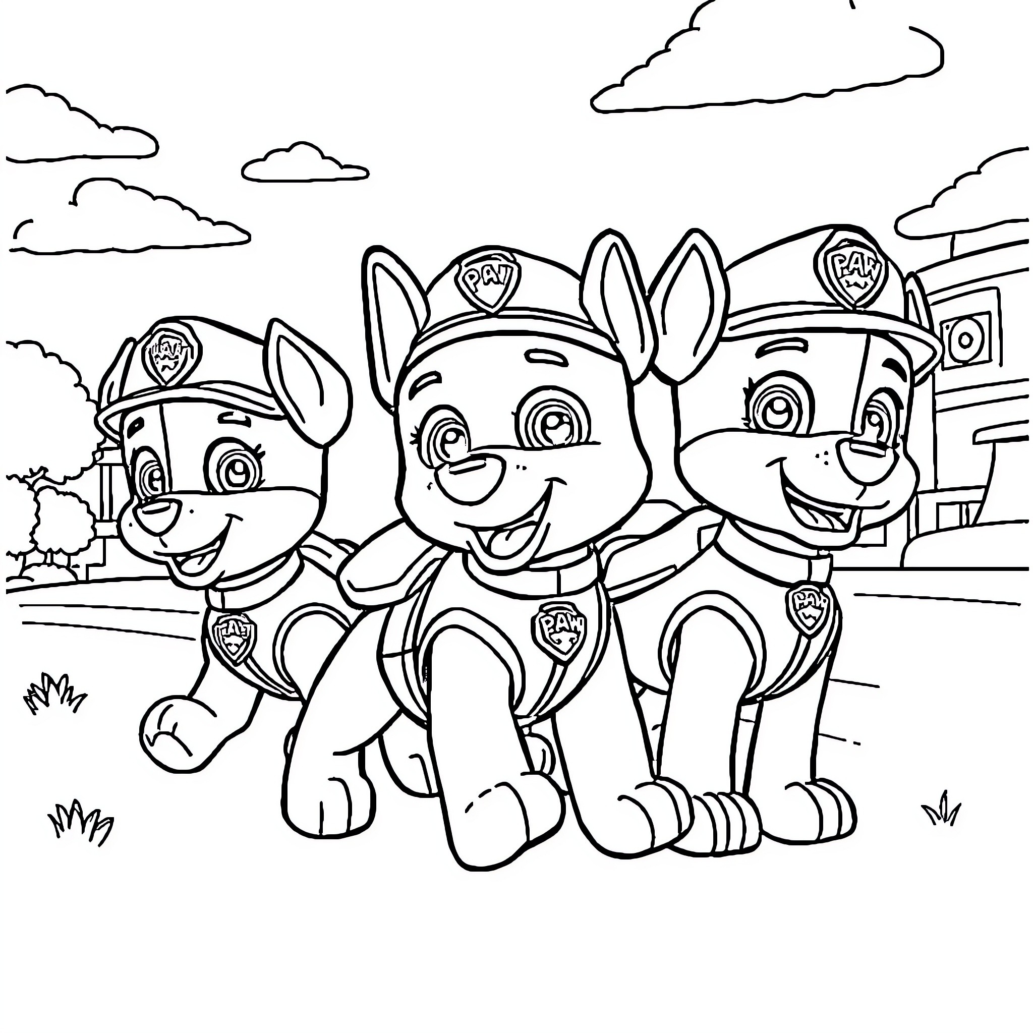 Paw Patrol Pups on Patrol in the Park Coloring Page (free black-and-white line drawing printable PDF for all, from beginners to advanced learners, including children, teens, adults, and seniors)