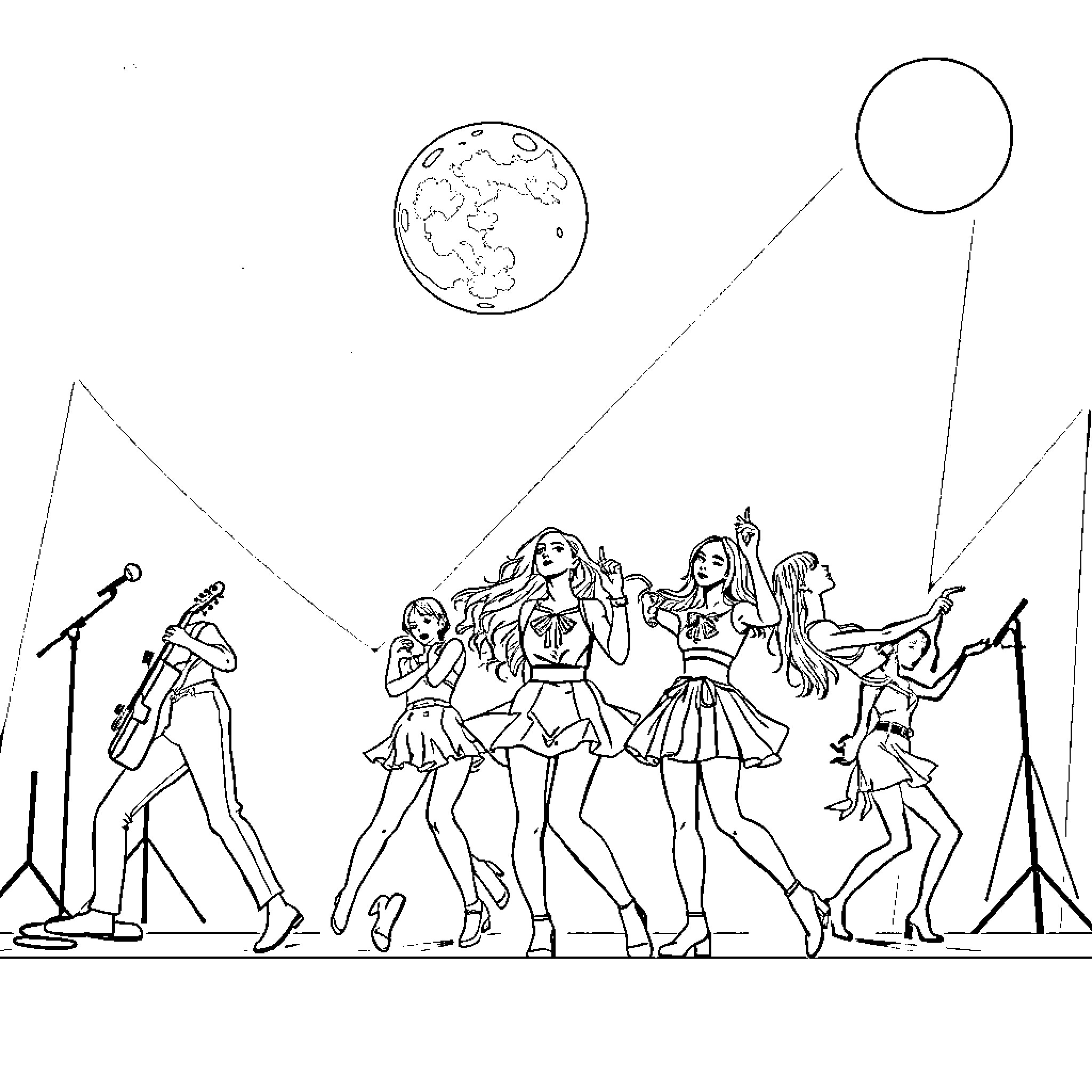 K Pop Stars Performing On Stage Coloring Page (free black-and-white line drawing printable PDF for all, from beginners to advanced learners, including children, teens, adults, and seniors)