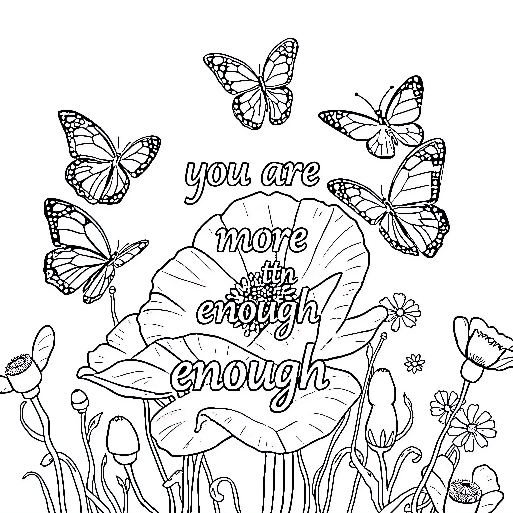 Butterfly-themed inspirational message with flowers Coloring Page (free black-and-white line drawing printable PDF for all, from beginners to advanced learners, including children, teens, adults, and seniors)