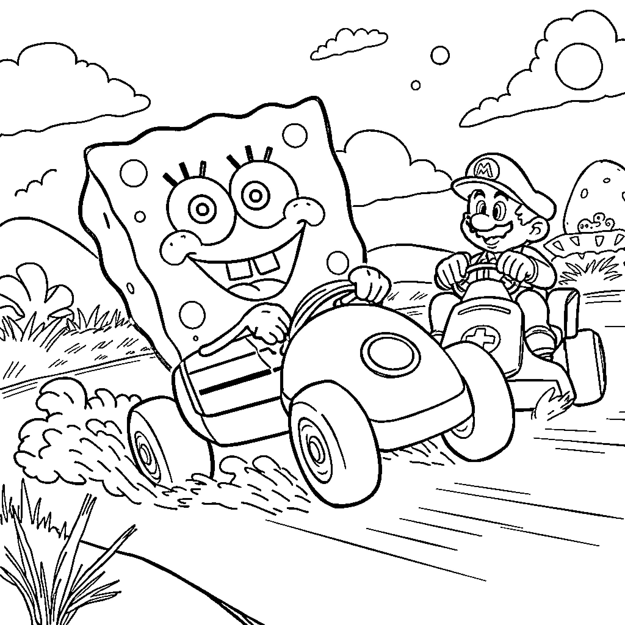 Spongebob driving a car with Patrick Coloring Page (free black-and-white line drawing printable PDF for all, from beginners to advanced learners, including children, teens, adults, and seniors)