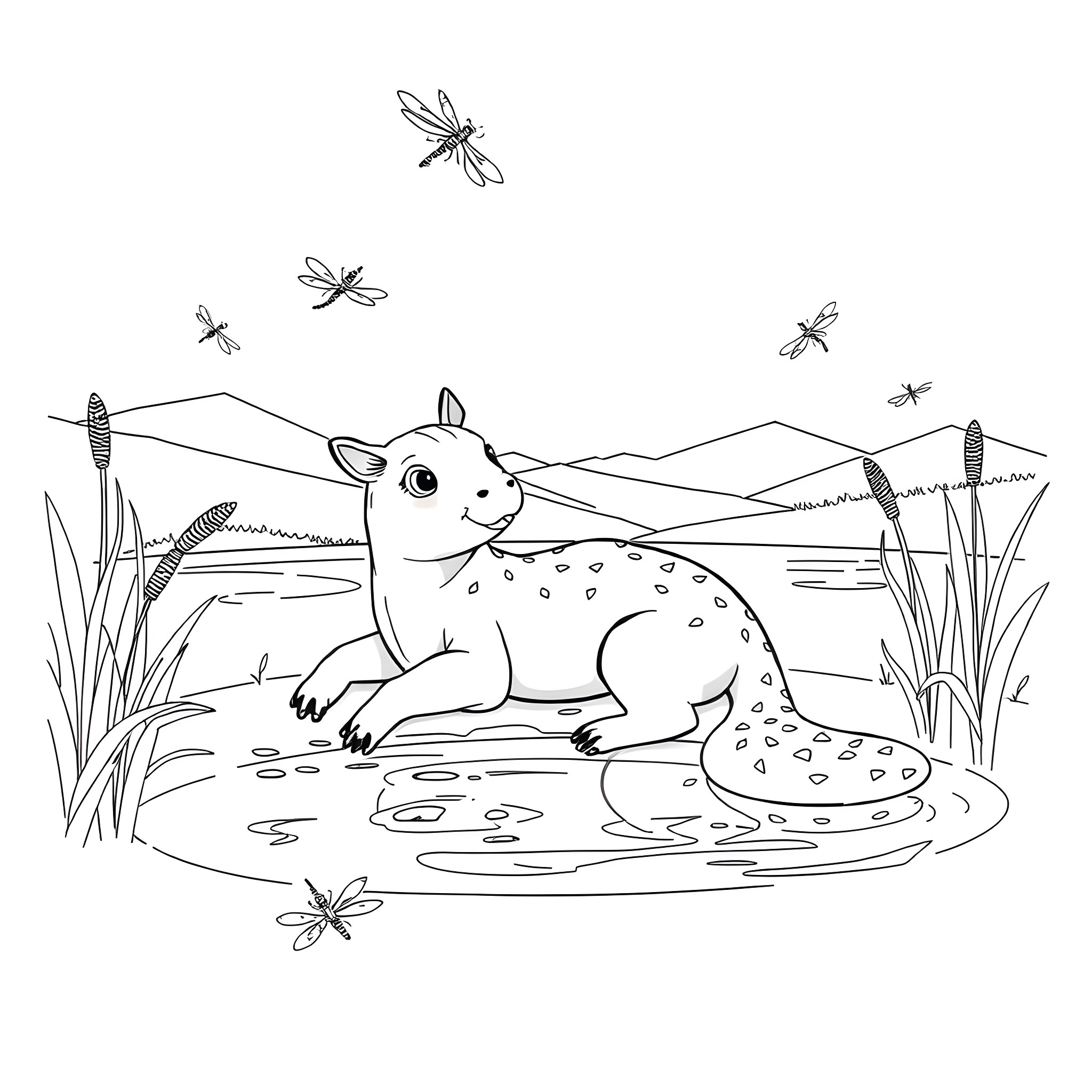 Capybara enjoying nature amidst dragonflies Coloring Page (free black-and-white line drawing printable PDF for all, from beginners to advanced learners, including children, teens, adults, and seniors)