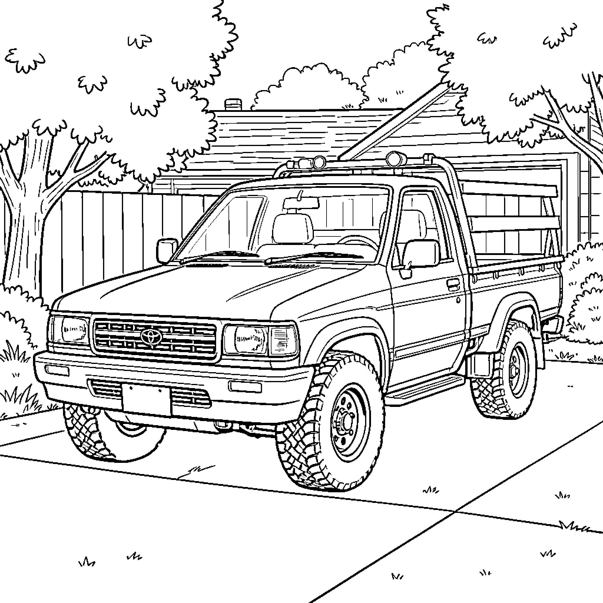 Toyota pickup truck parked in a driveway near trees Coloring Page (free black-and-white line drawing printable PDF for all, from beginners to advanced learners, including children, teens, adults, and seniors)