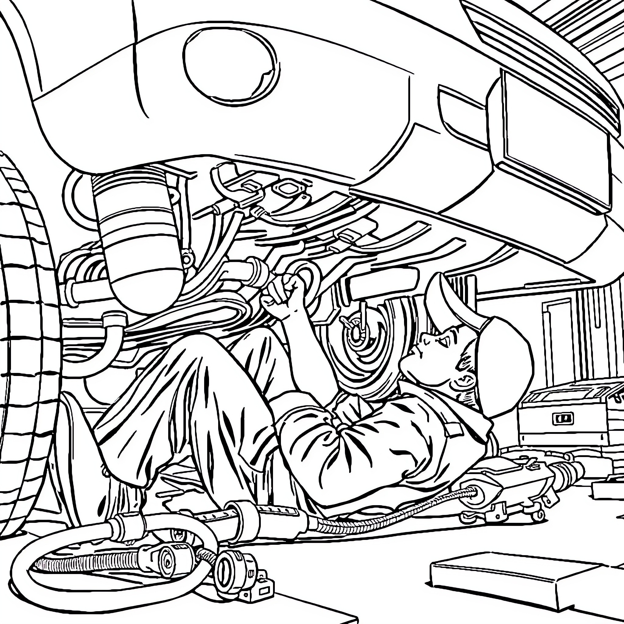 Mechanic working diligently on automobile repair Coloring Page (free black-and-white line drawing printable PDF for all, from beginners to advanced learners, including children, teens, adults, and seniors)