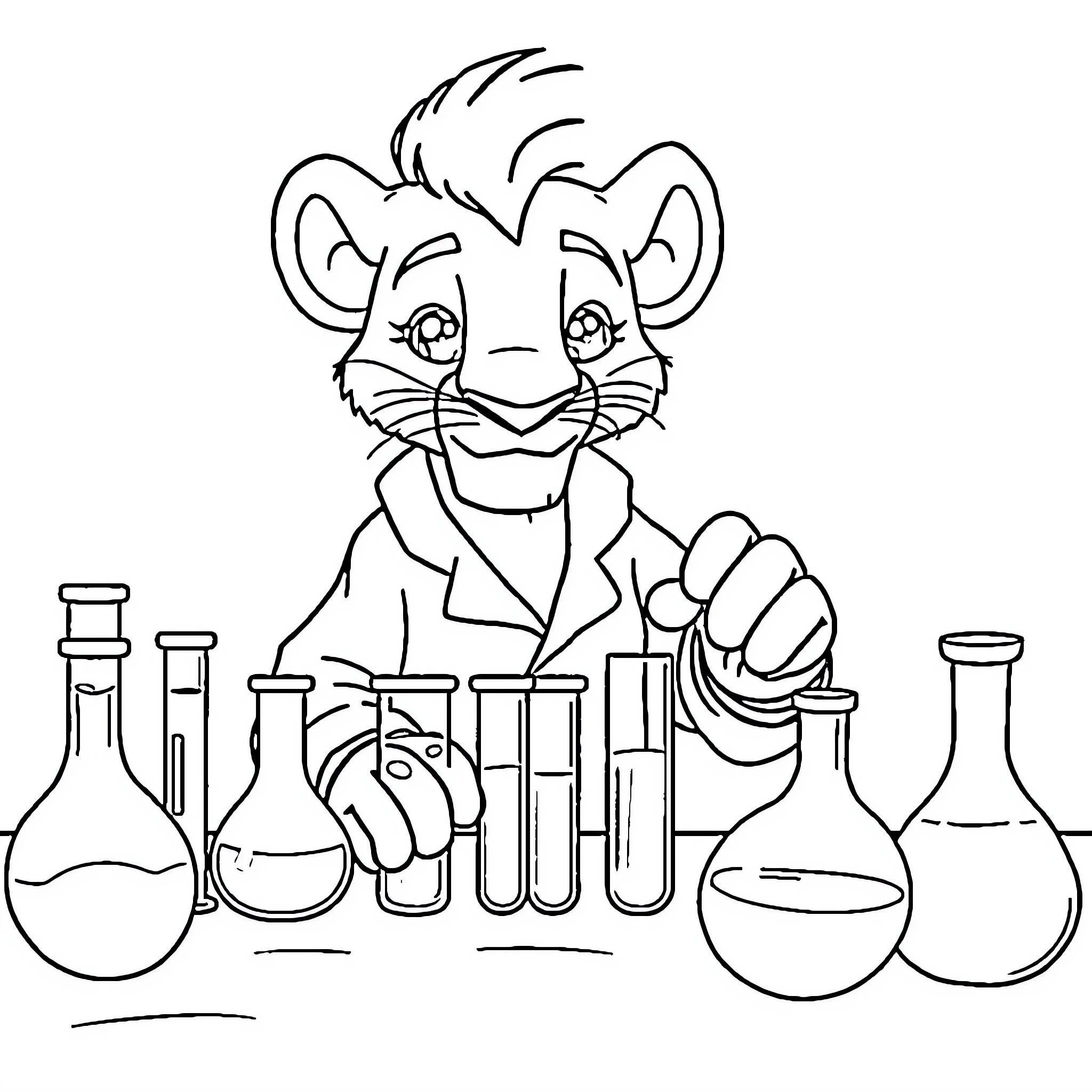 Simba Experiments with Scientific Equipment Coloring Page (free black-and-white line drawing printable PDF for all, from beginners to advanced learners, including children, teens, adults, and seniors)