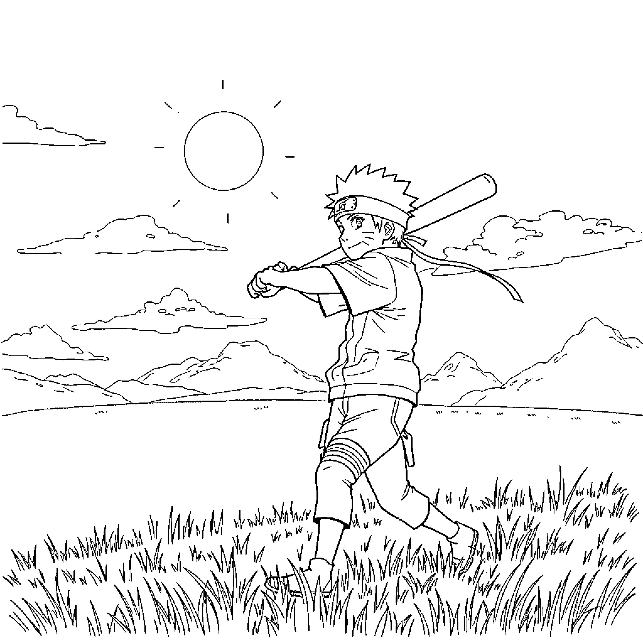 Naruto performing ninja techniques in the countryside Coloring Page (free black-and-white line drawing printable PDF for all, from beginners to advanced learners, including children, teens, adults, and seniors)