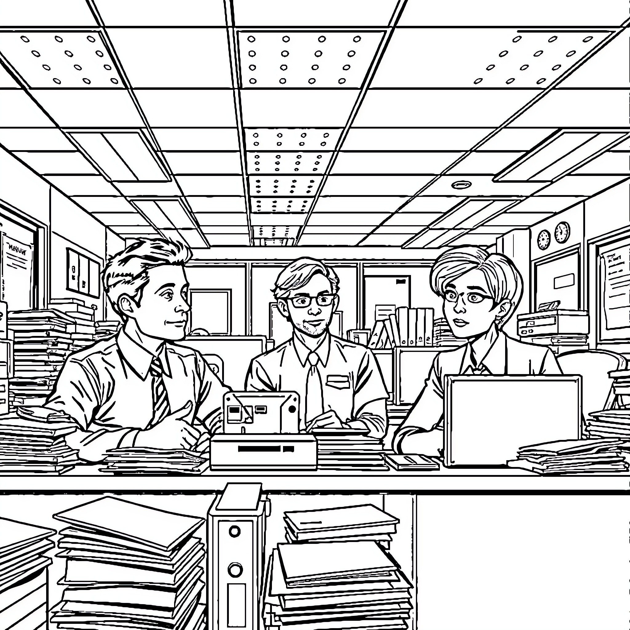 Michael's Colleagues Working Diligently in the Office Coloring Page (free black-and-white line drawing printable PDF for all, from beginners to advanced learners, including children, teens, adults, and seniors)