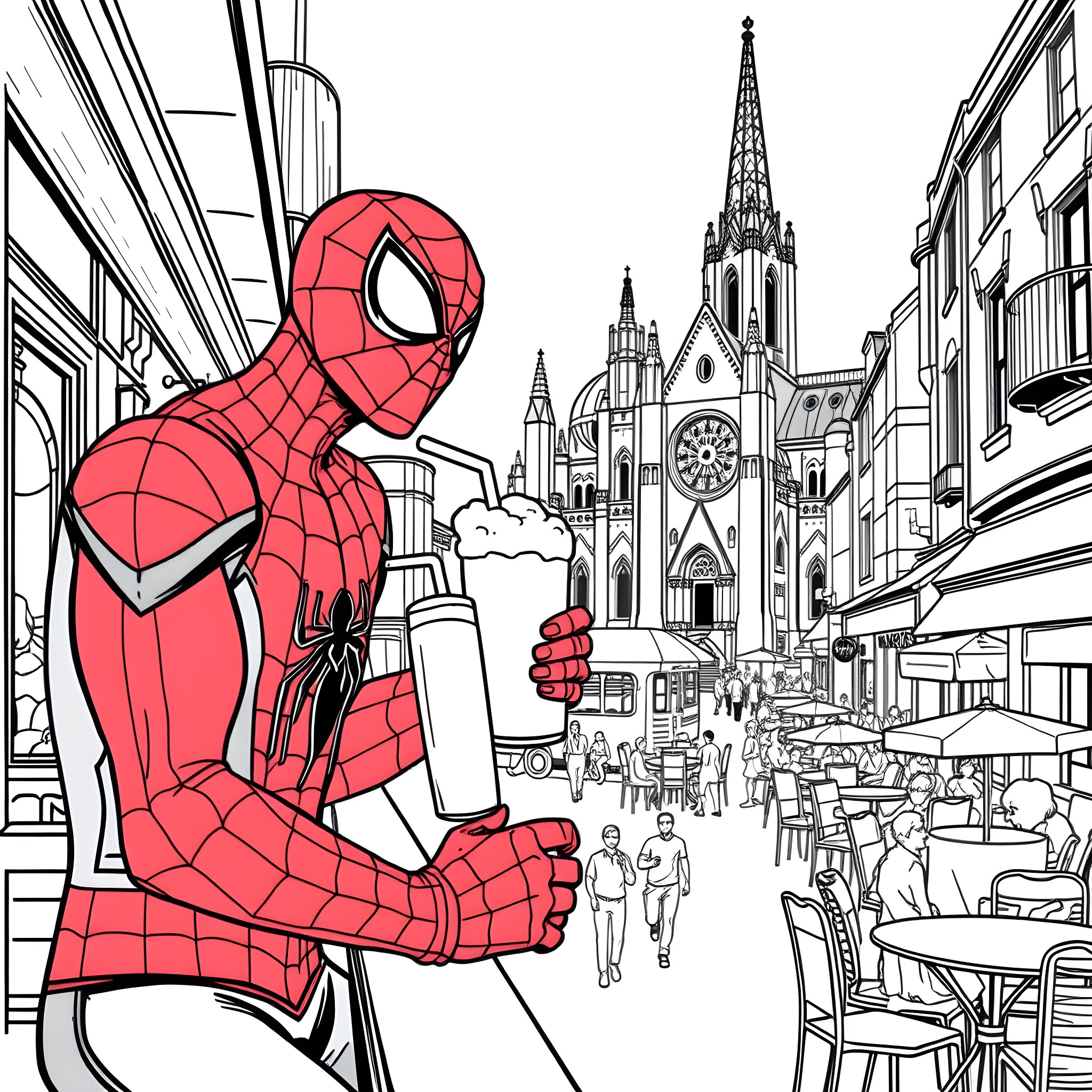 Spider-Man saving the city with web-slinging skills Coloring Page (free black-and-white line drawing printable PDF for all, from beginners to advanced learners, including children, teens, adults, and seniors)
