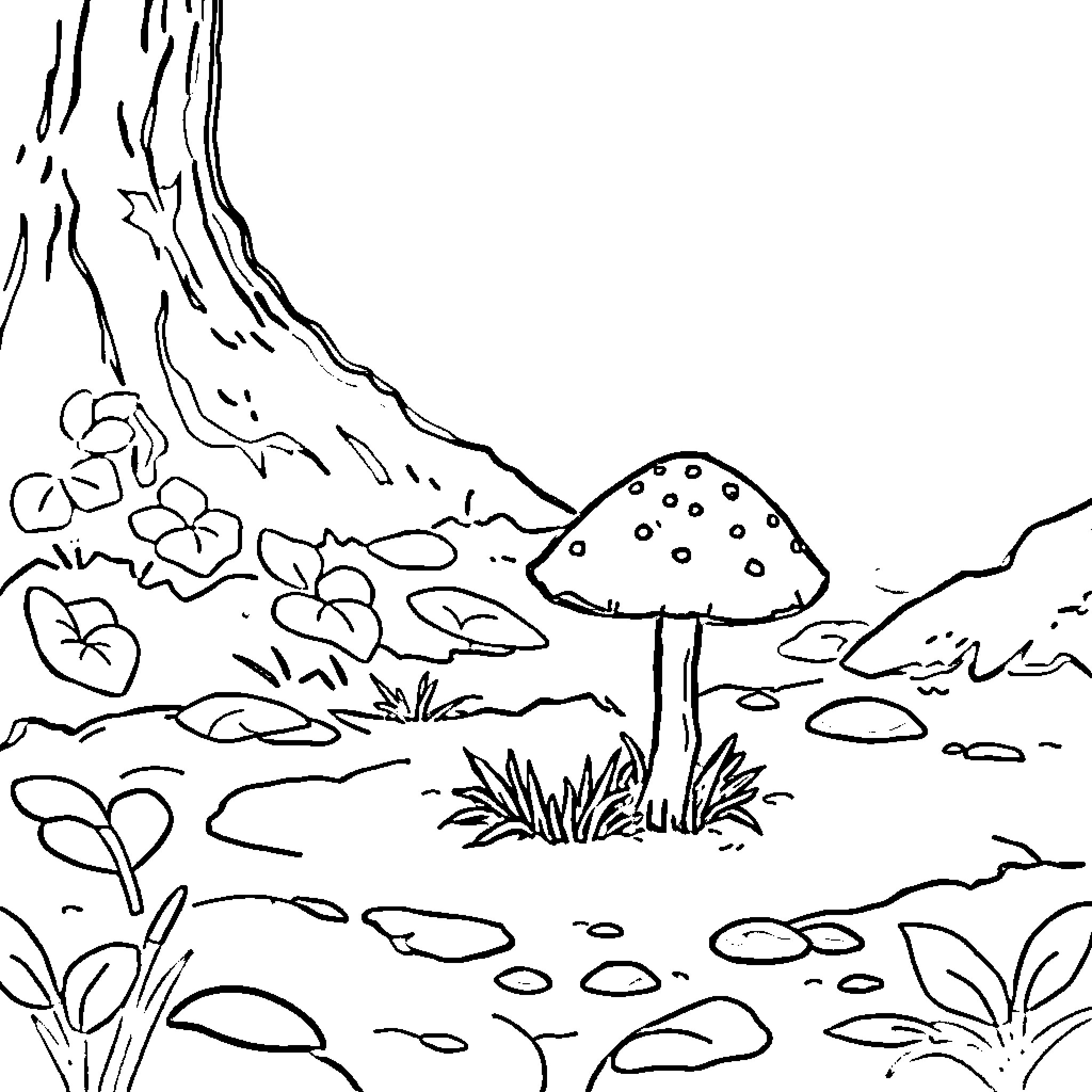 Mushroom scene in forest landscape Coloring Page (free black-and-white line drawing printable PDF for all, from beginners to advanced learners, including children, teens, adults, and seniors)