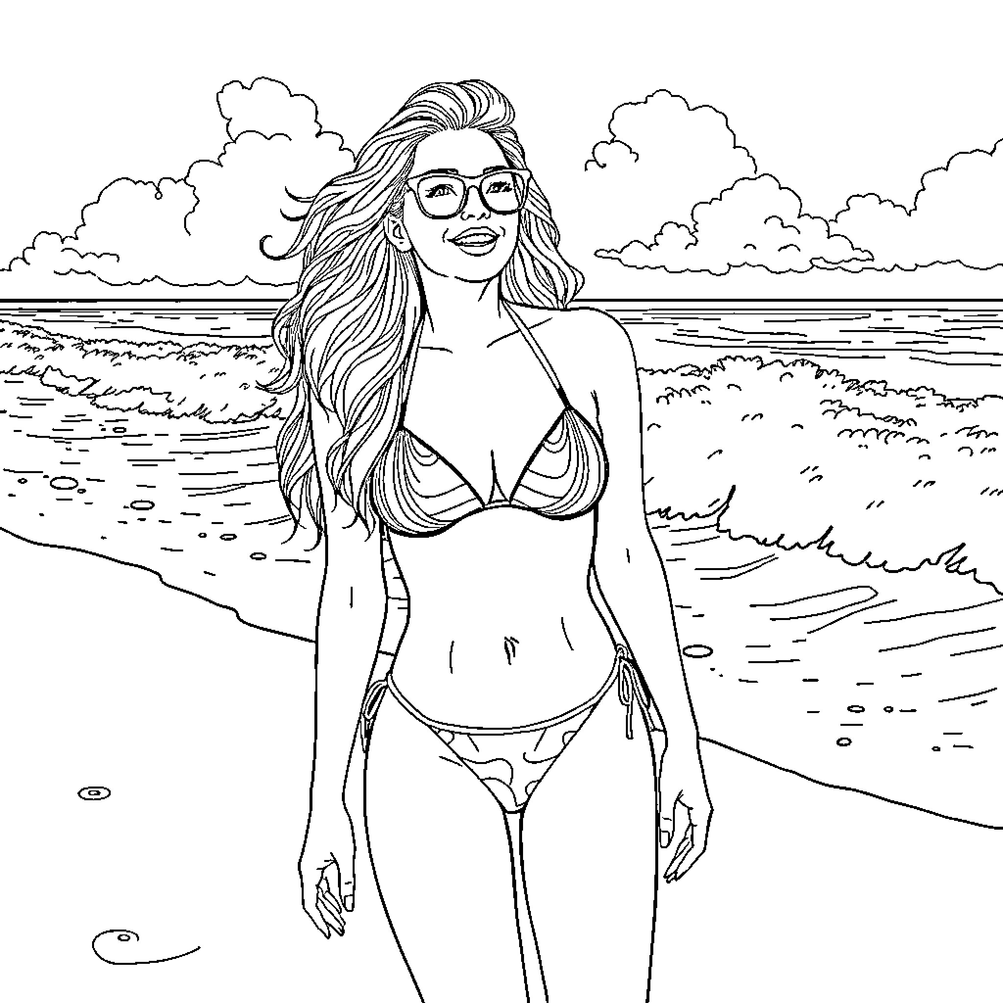 Aly Michalka enjoying a sunny day at the beach Coloring Page (free black-and-white line drawing printable PDF for all, from beginners to advanced learners, including children, teens, adults, and seniors)