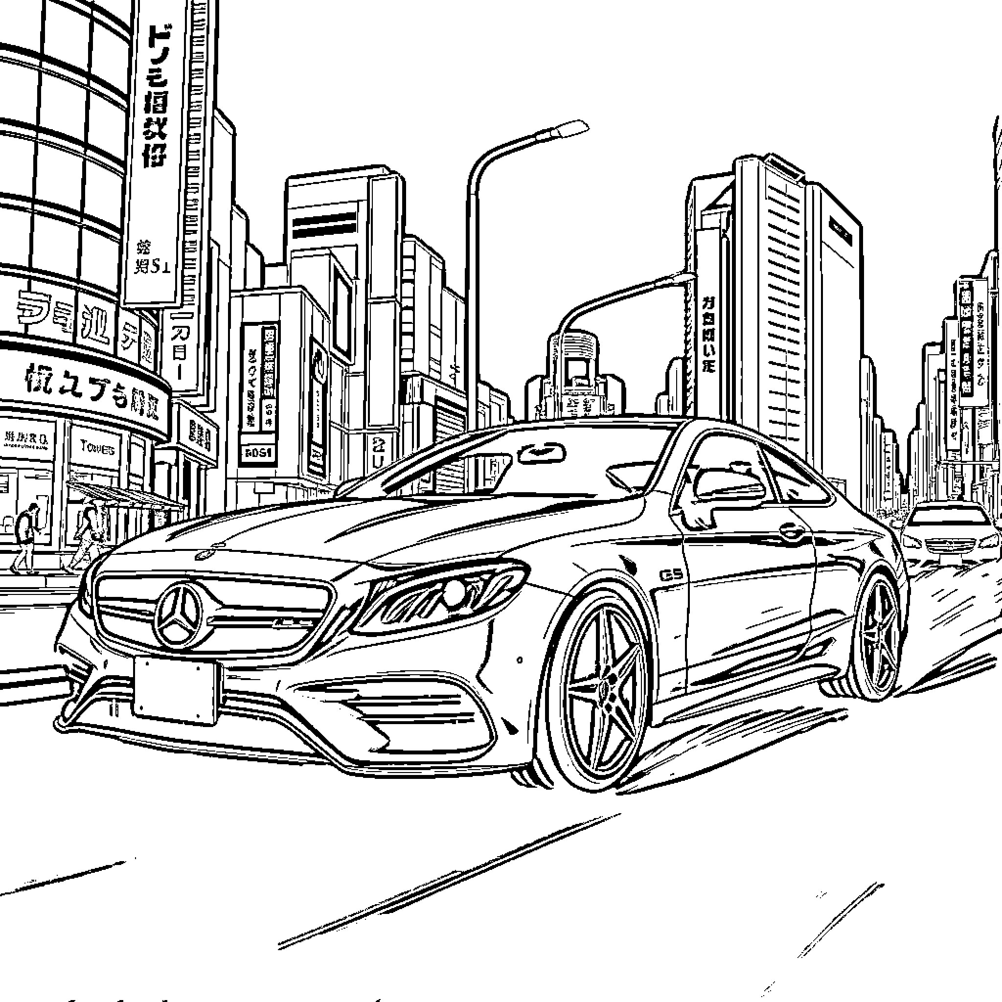 Mercedes-Benz Luxury Sports Car in Vibrant City Landscape Coloring Page (free black-and-white line drawing printable PDF for all, from beginners to advanced learners, including children, teens, adults, and seniors)