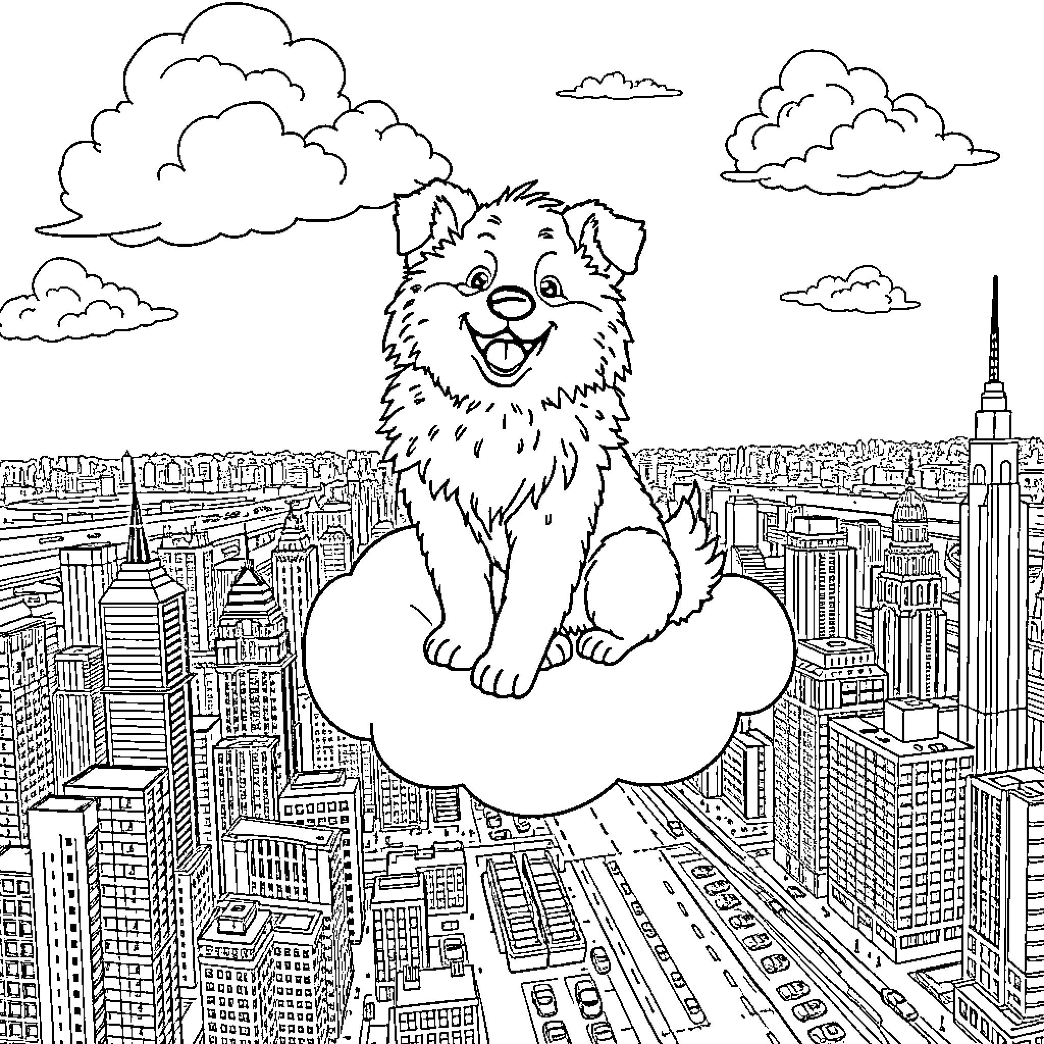 Dog sitting on cloud above city skyline Coloring Page (free black-and-white line drawing printable PDF for all, from beginners to advanced learners, including children, teens, adults, and seniors)