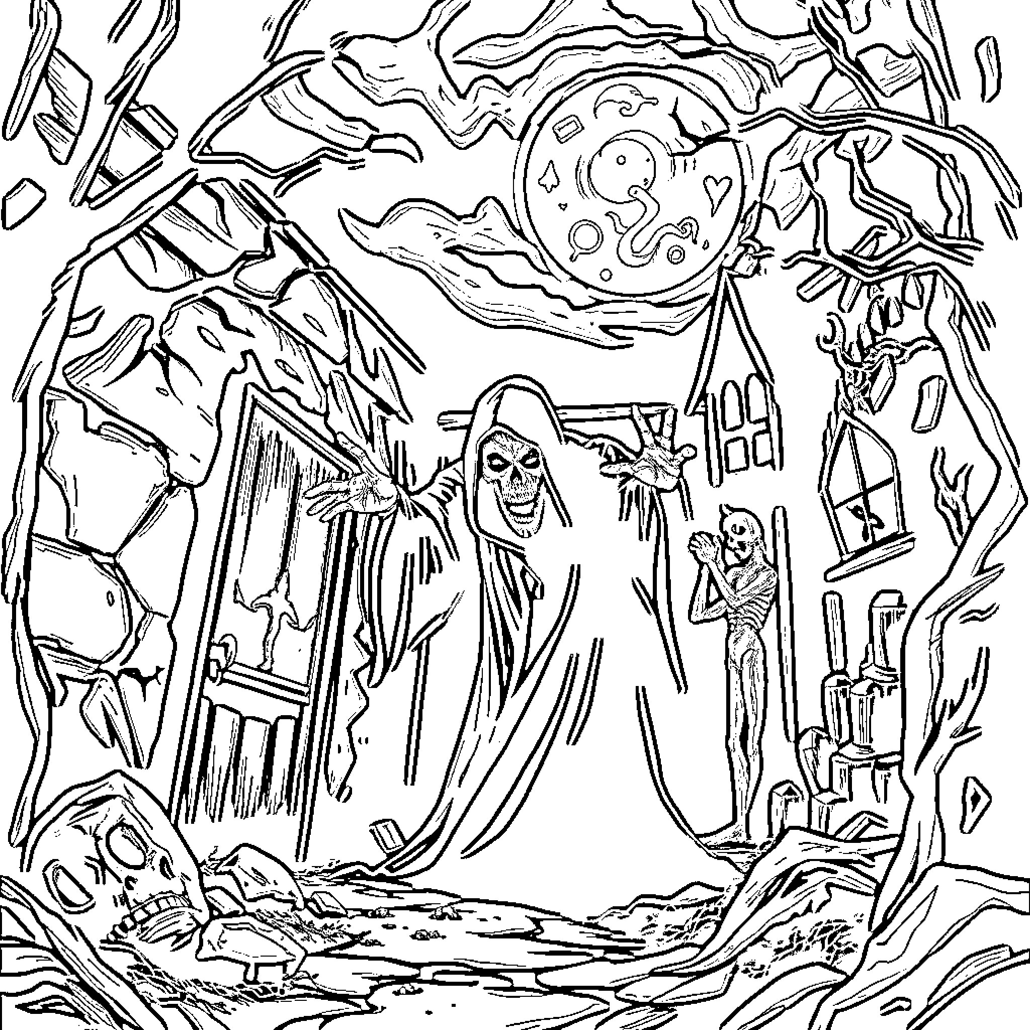 Scary Grim Reaper in Haunting Landscape Coloring Page (free black-and-white line drawing printable PDF for all, from beginners to advanced learners, including children, teens, adults, and seniors)
