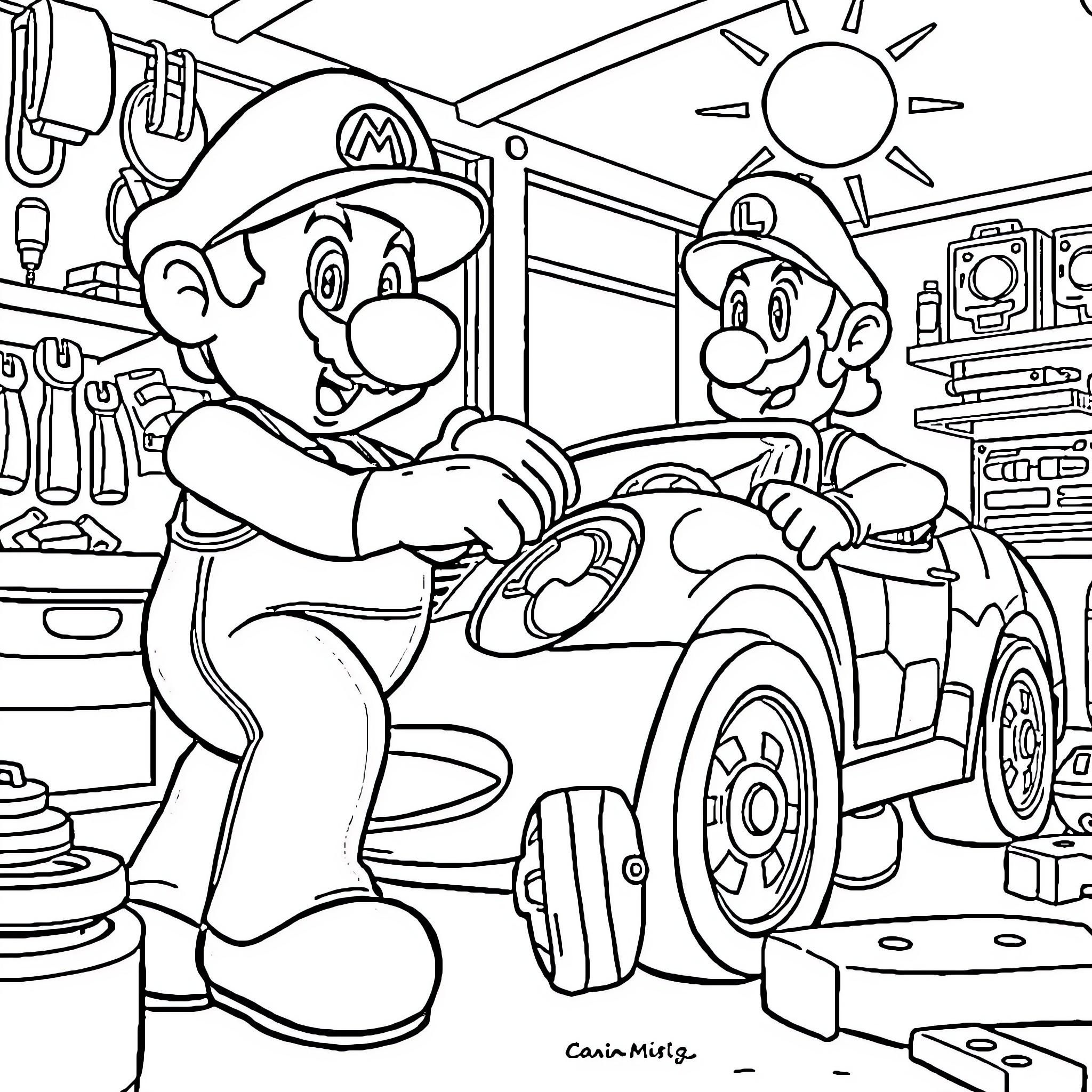 Mario Brothers Fixing Cars in Garage Coloring Page (free black-and-white line drawing printable PDF for all, from beginners to advanced learners, including children, teens, adults, and seniors)