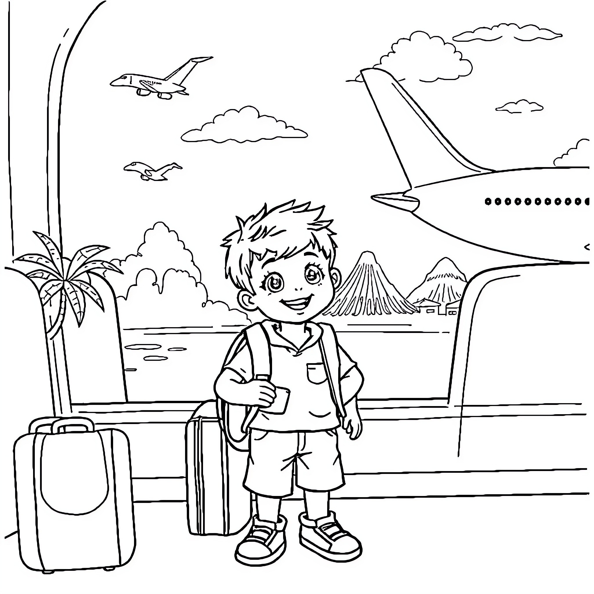 Airplane adventure with a young traveler Coloring Page (free black-and-white line drawing printable PDF for all, from beginners to advanced learners, including children, teens, adults, and seniors)