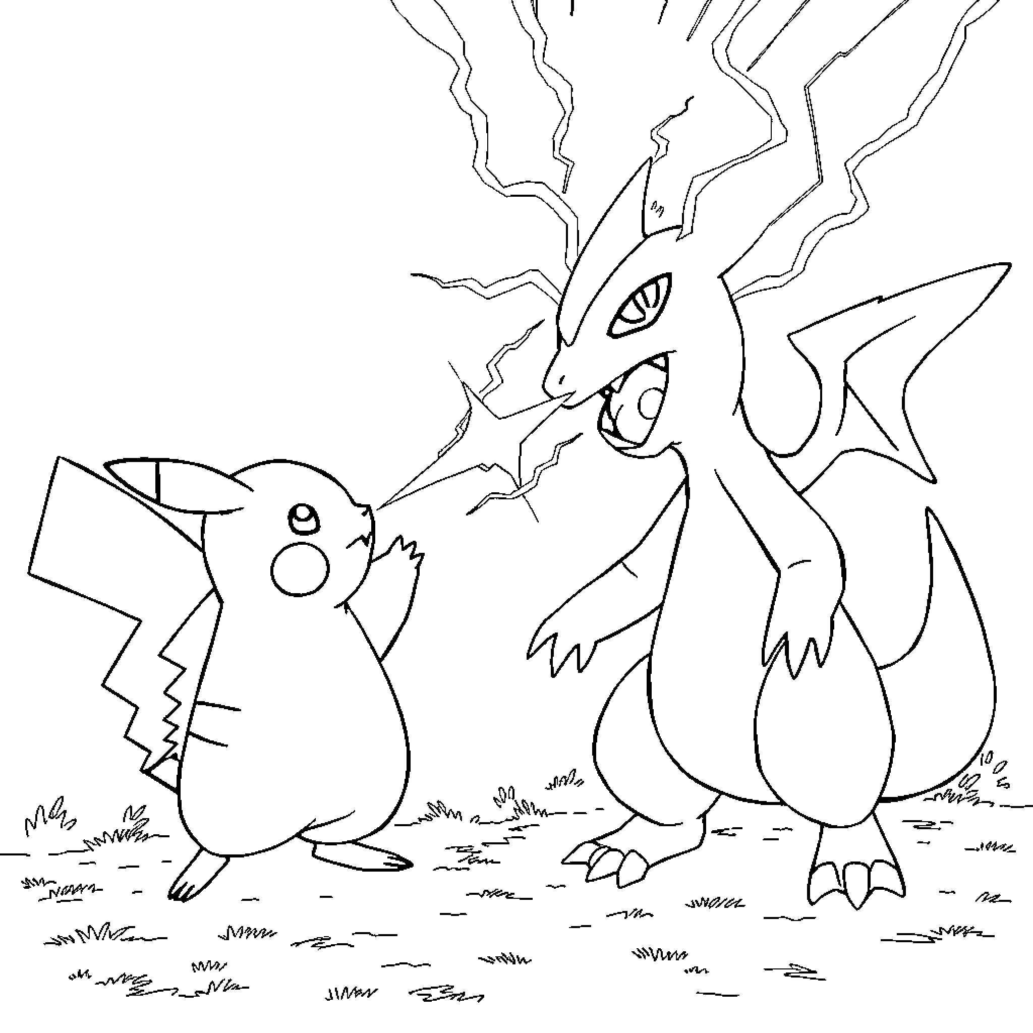 Pikachu and Charizard in Heated Battle Coloring Page (free black-and-white line drawing printable PDF for all, from beginners to advanced learners, including children, teens, adults, and seniors)