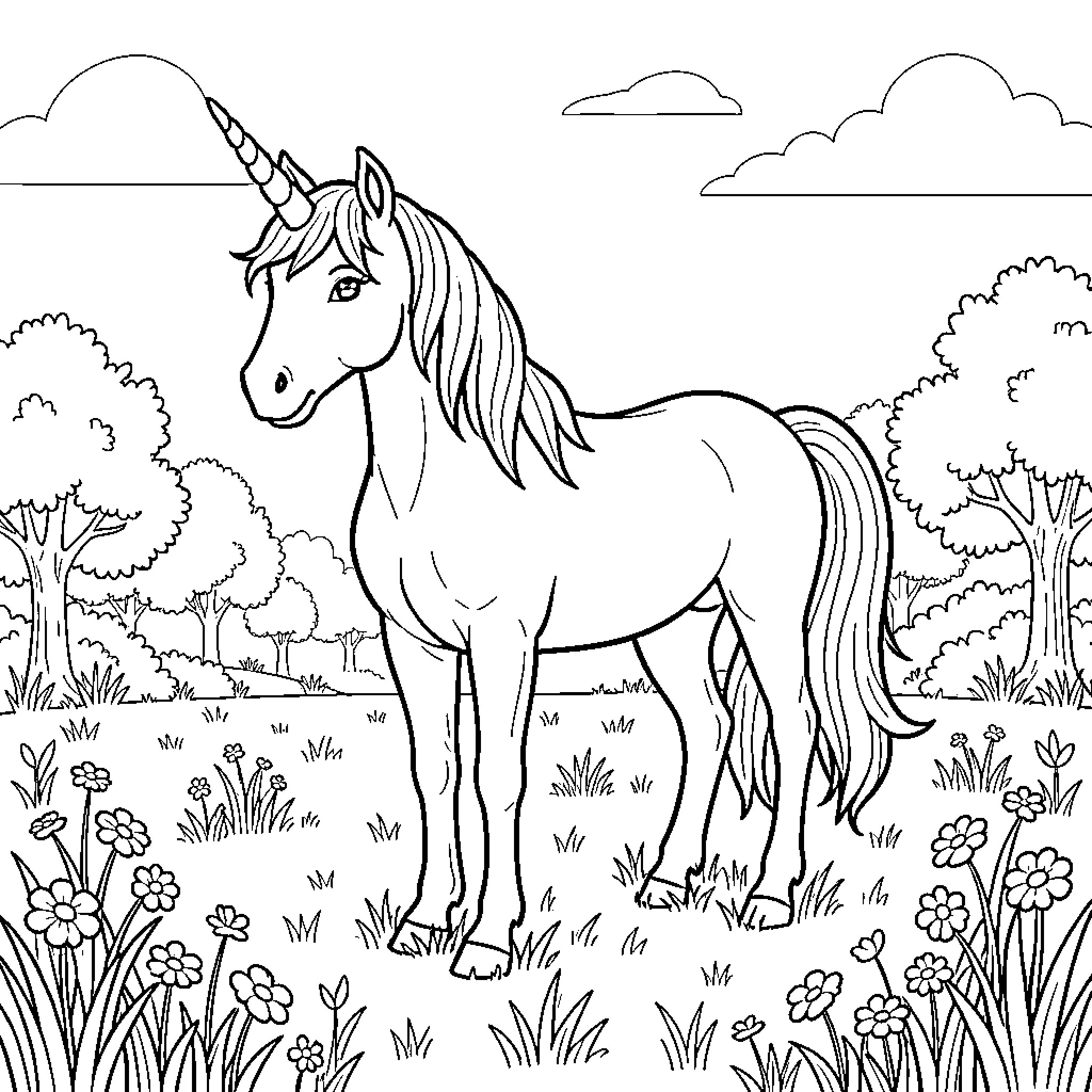 Unicorn standing peacefully in a flowery meadow Coloring Page (free black-and-white line drawing printable PDF for all, from beginners to advanced learners, including children, teens, adults, and seniors)