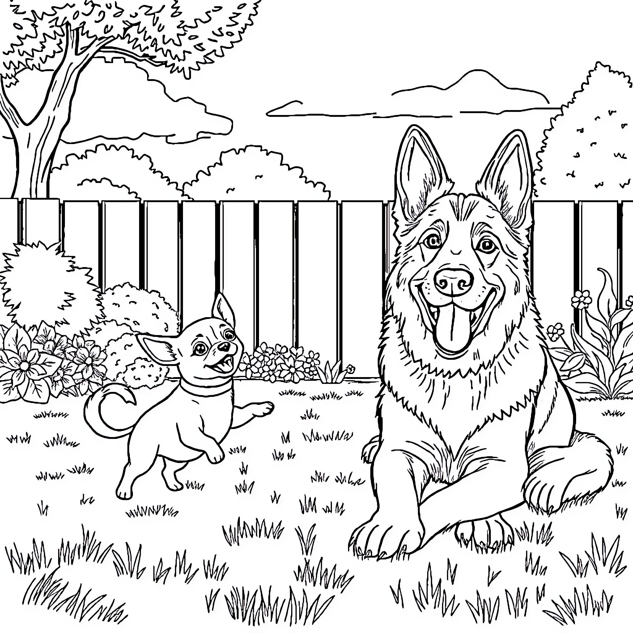 Dog and Puppy Playing in the Backyard Coloring Page (free black-and-white line drawing printable PDF for all, from beginners to advanced learners, including children, teens, adults, and seniors)
