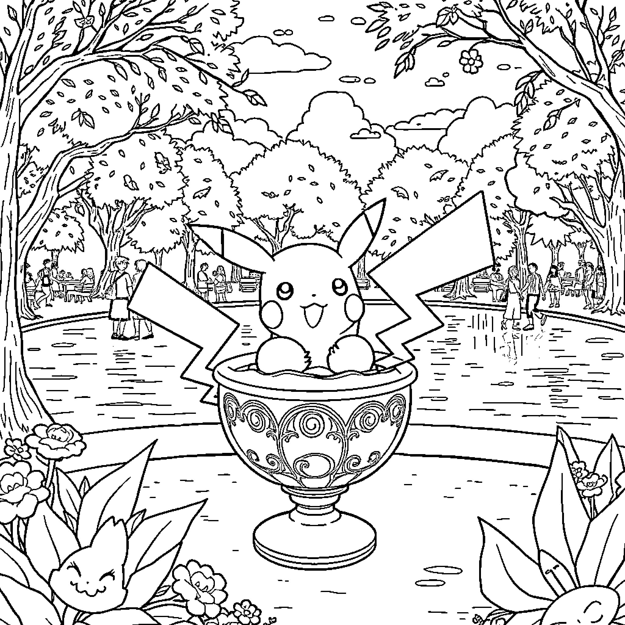 Pikachu relaxing in a decorative bowl surrounded by nature Coloring Page (free black-and-white line drawing printable PDF for all, from beginners to advanced learners, including children, teens, adults, and seniors)