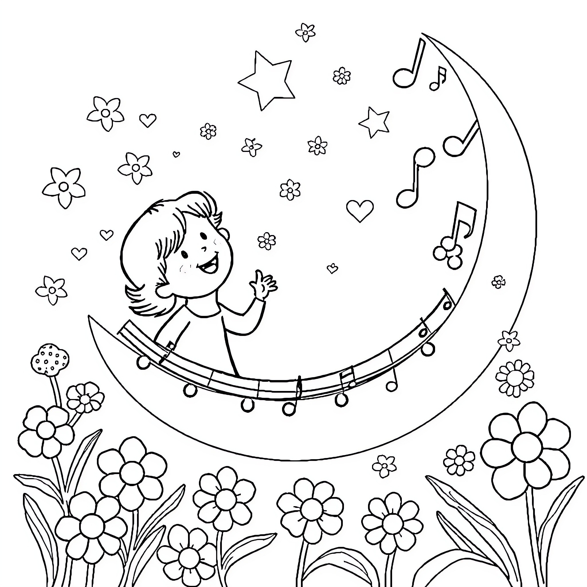 Tralalelo Musical Delight in the Floral Dreamscape Coloring Page (free black-and-white line drawing printable PDF for all, from beginners to advanced learners, including children, teens, adults, and seniors)