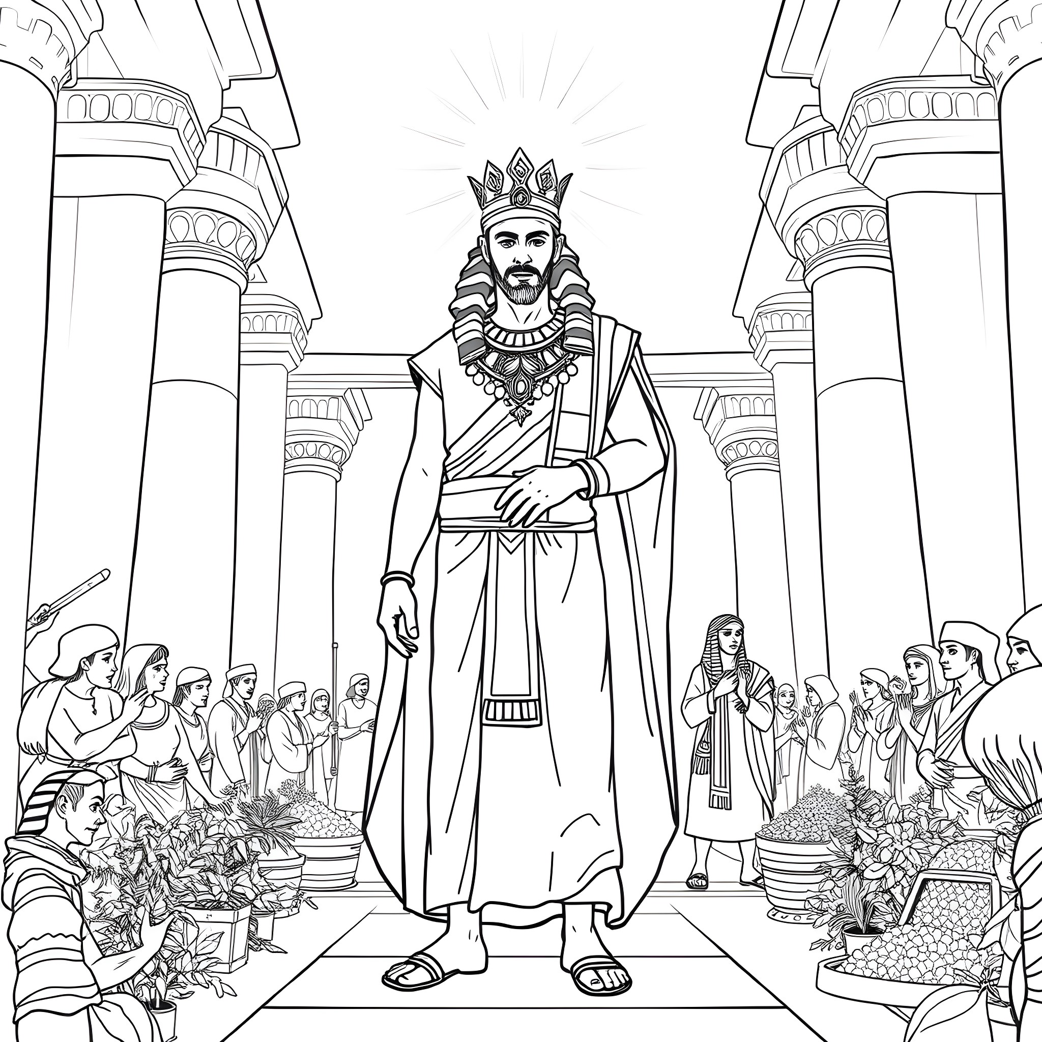 Joseph, the Wise King, Presiding Over His Kingdom Coloring Page (free black-and-white line drawing printable PDF for all, from beginners to advanced learners, including children, teens, adults, and seniors)