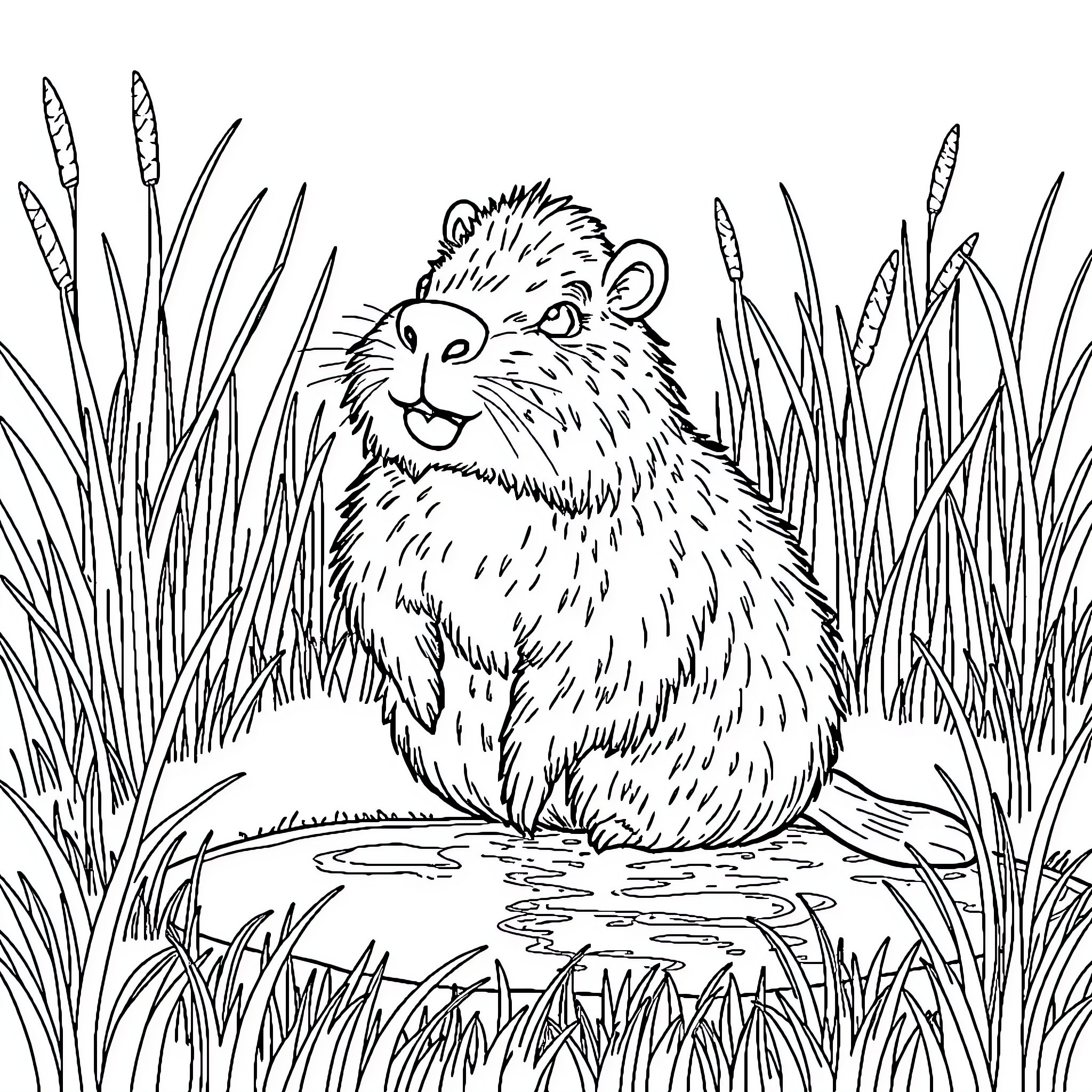 Capybara relaxing in a grassy field Coloring Page (free black-and-white line drawing printable PDF for all, from beginners to advanced learners, including children, teens, adults, and seniors)